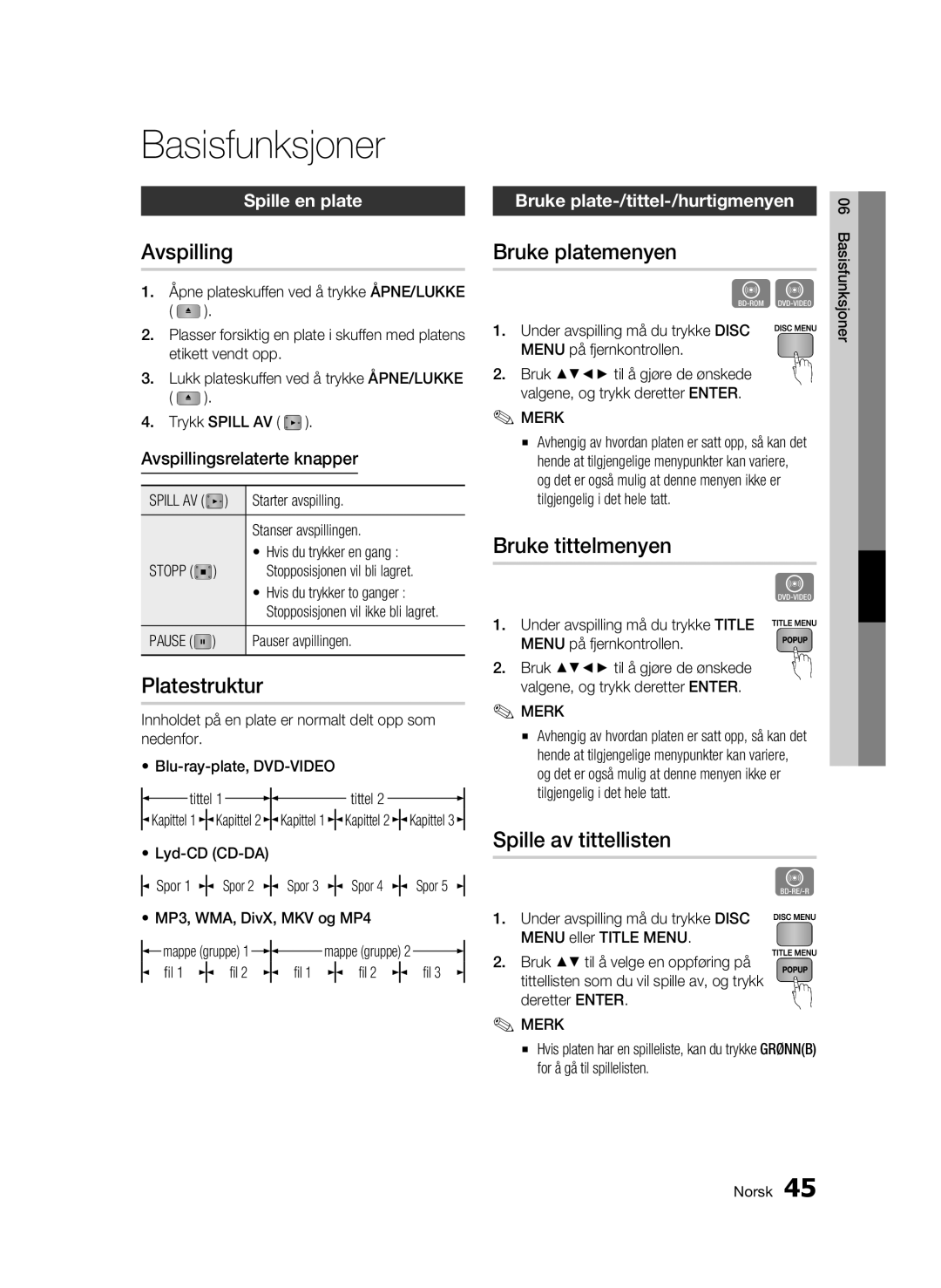 Samsung BD-C6900/XEE manual Basisfunksjoner 