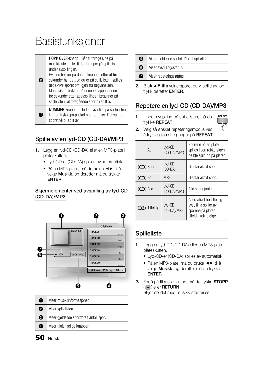 Samsung BD-C6900/XEE manual Spille av en lyd-CD CD-DA/MP3, Repetere en lyd-CD CD-DA/MP3, Spilleliste 