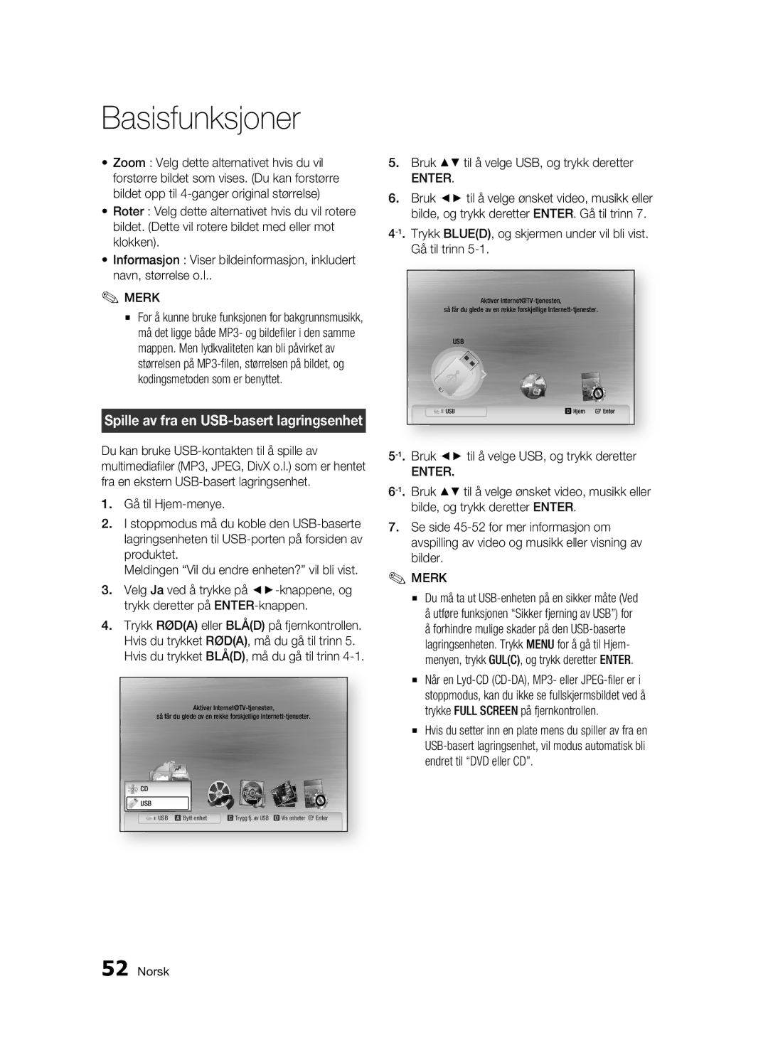 Samsung BD-C6900/XEE manual Spille av fra en USB-basert lagringsenhet, Bruk til å velge USB, og trykk deretter 