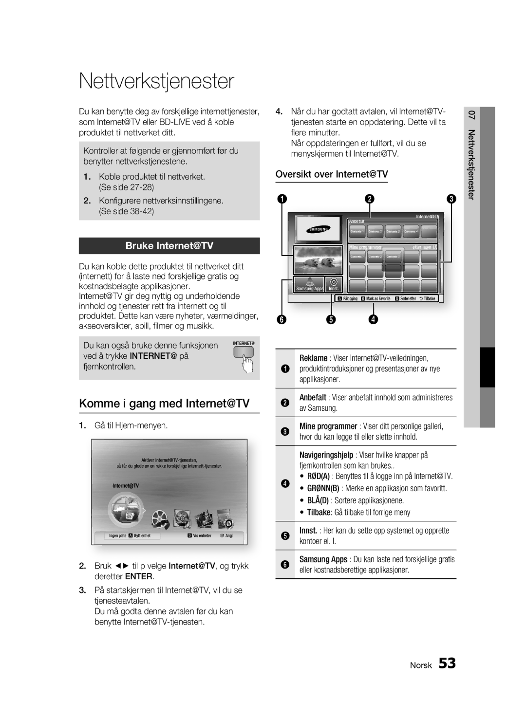 Samsung BD-C6900/XEE manual Nettverkstjenester, Komme i gang med Internet@TV, Bruke Internet@TV, Oversikt over Internet@TV 