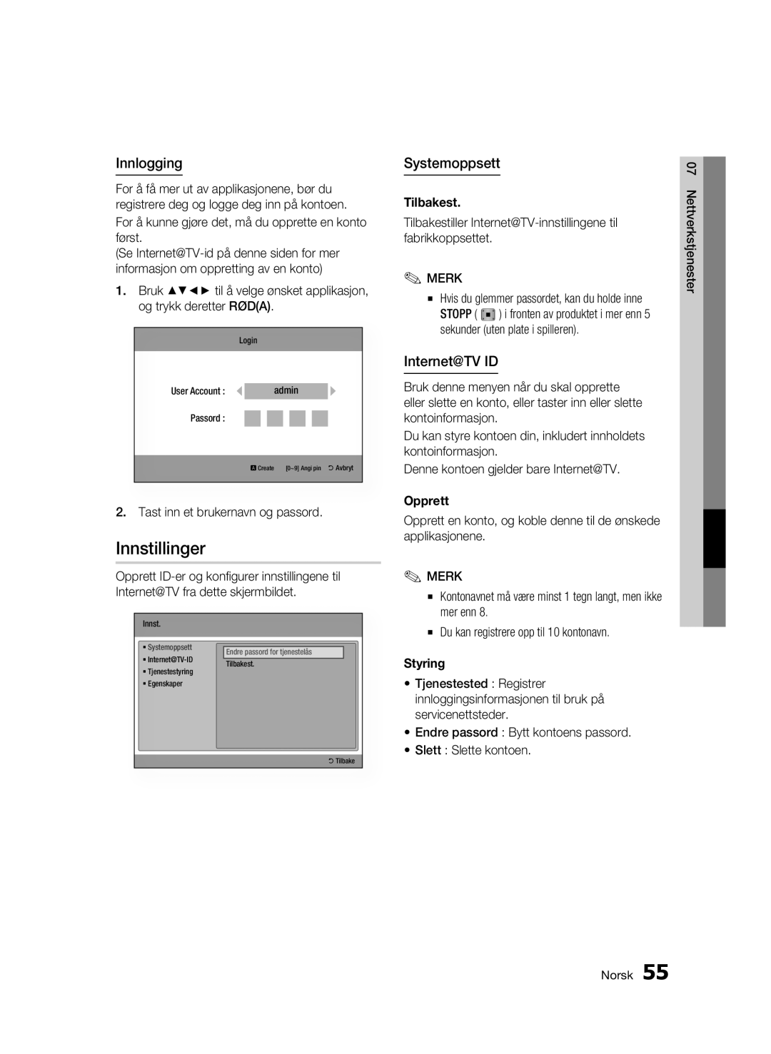 Samsung BD-C6900/XEE manual Innstillinger, Innlogging, Systemoppsett, Internet@TV ID 