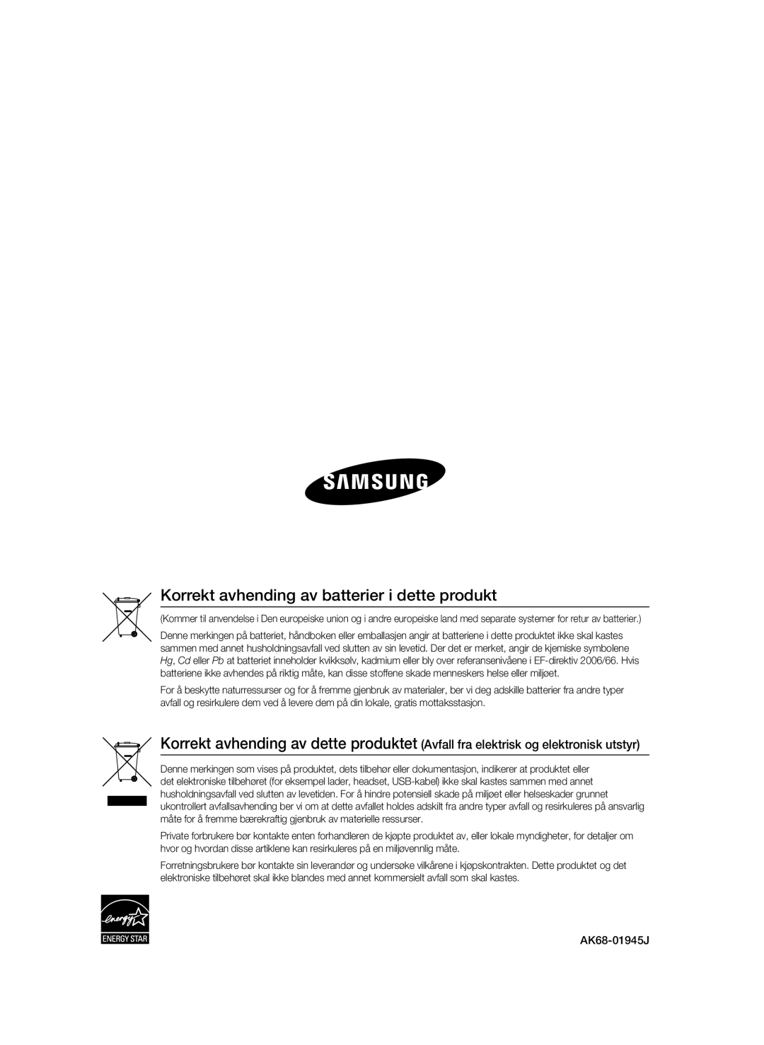 Samsung BD-C6900/XEE manual Korrekt avhending av batterier i dette produkt 