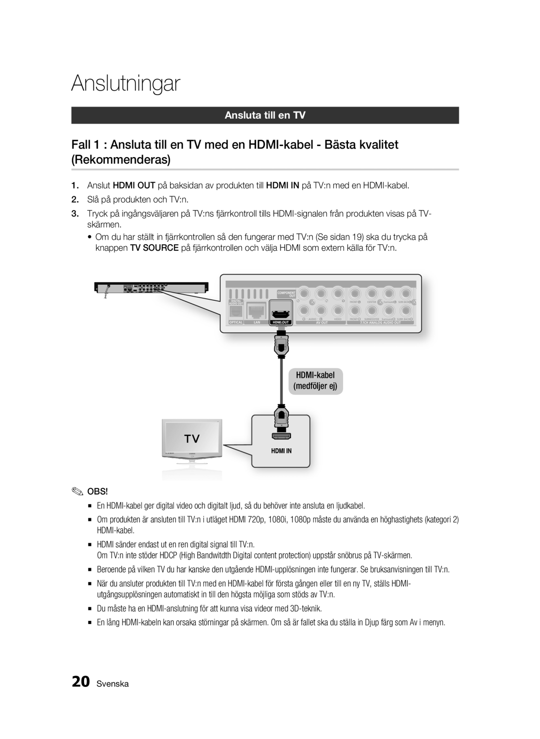 Samsung BD-C6900/XEE manual Anslutningar, Ansluta till en TV 