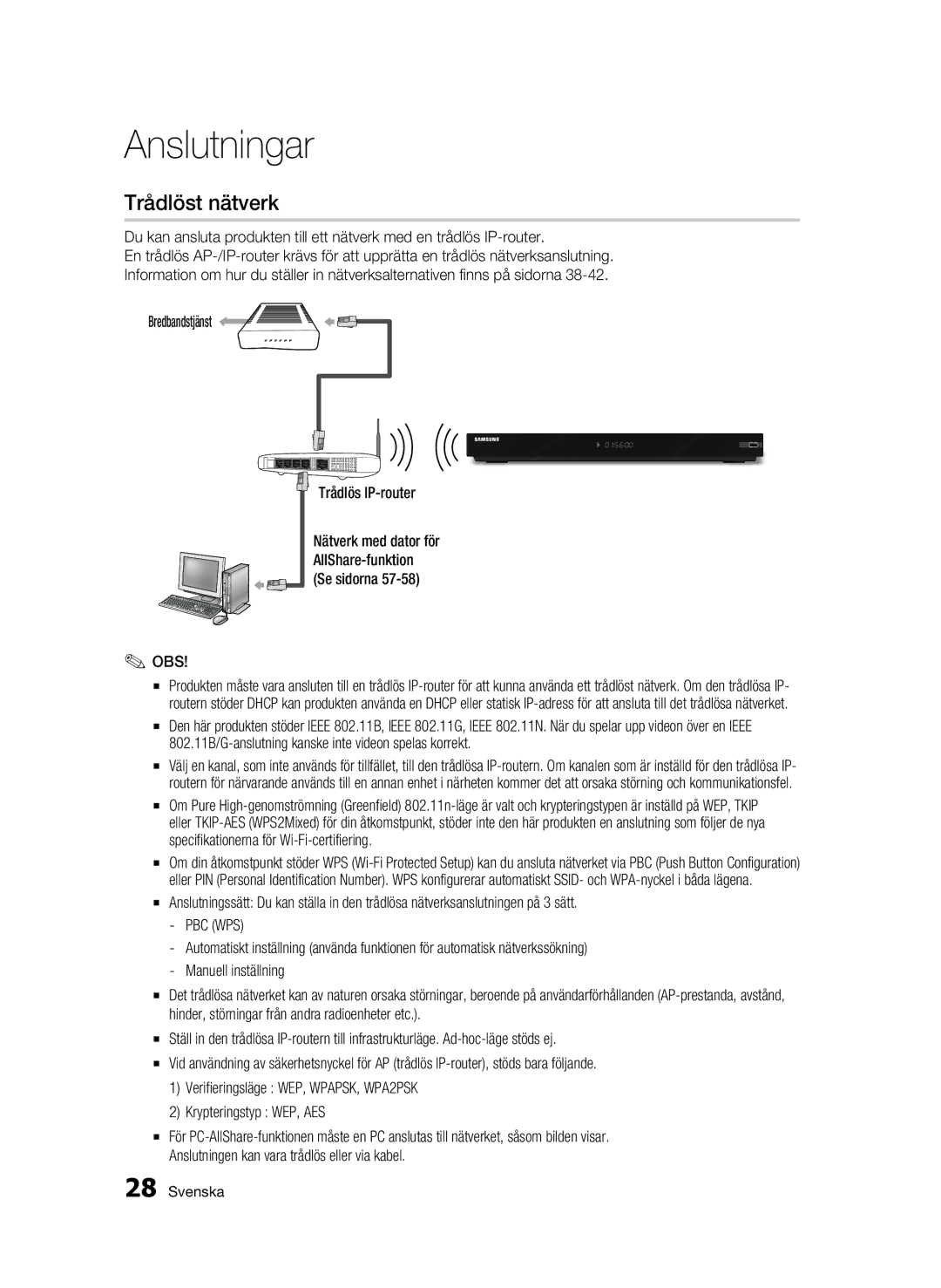 Samsung BD-C6900/XEE manual Trådlöst nätverk, Pbc Wps 