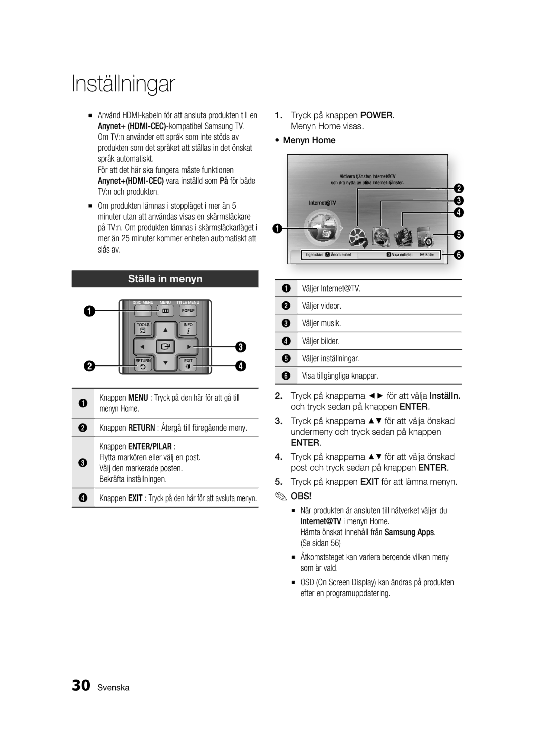 Samsung BD-C6900/XEE manual Ställa in menyn, Enter 