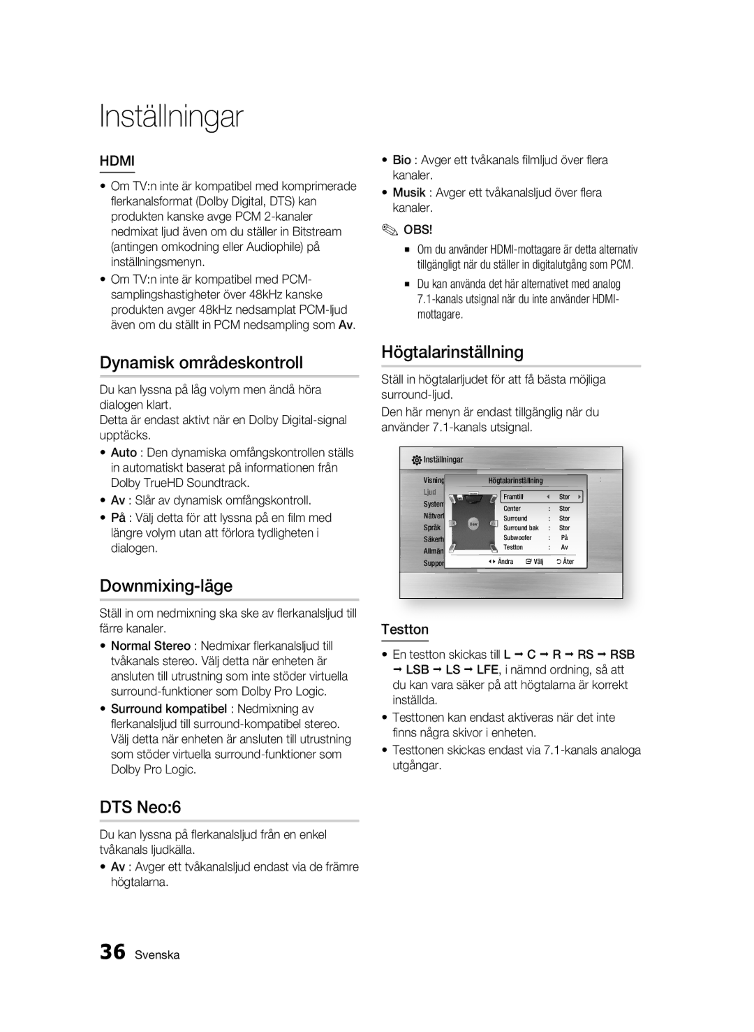 Samsung BD-C6900/XEE manual Dynamisk områdeskontroll, Downmixing-läge, DTS Neo6, Högtalarinställning, Testton 