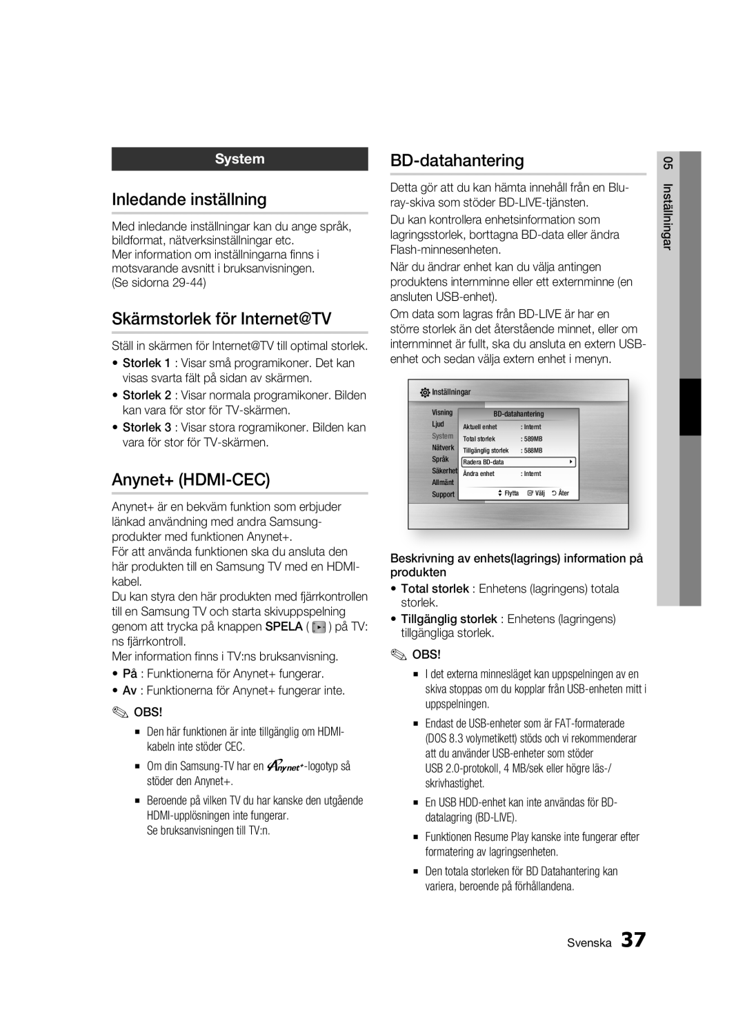 Samsung BD-C6900/XEE manual Inledande inställning, Skärmstorlek för Internet@TV, Anynet+ HDMI-CEC, BD-datahantering, System 