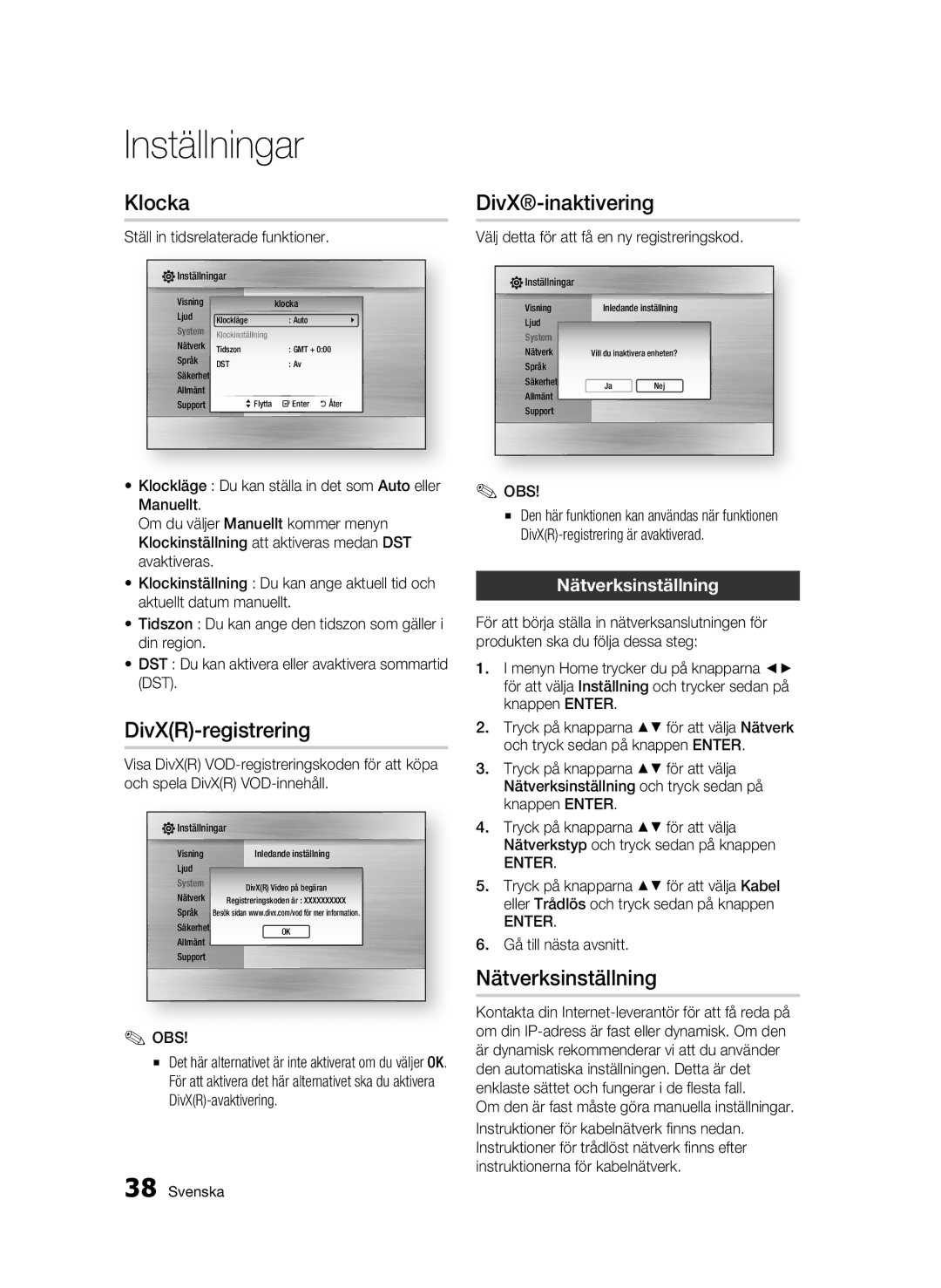 Samsung BD-C6900/XEE manual Klocka, DivXR-registrering, DivX-inaktivering, Nätverksinställning 