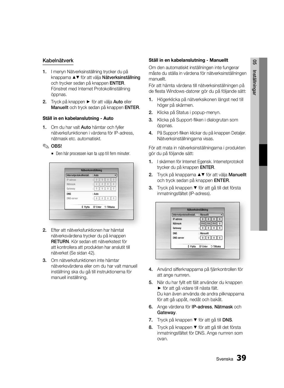 Samsung BD-C6900/XEE manual Kabelnätverk, Ställ in en kabelanslutning Auto 