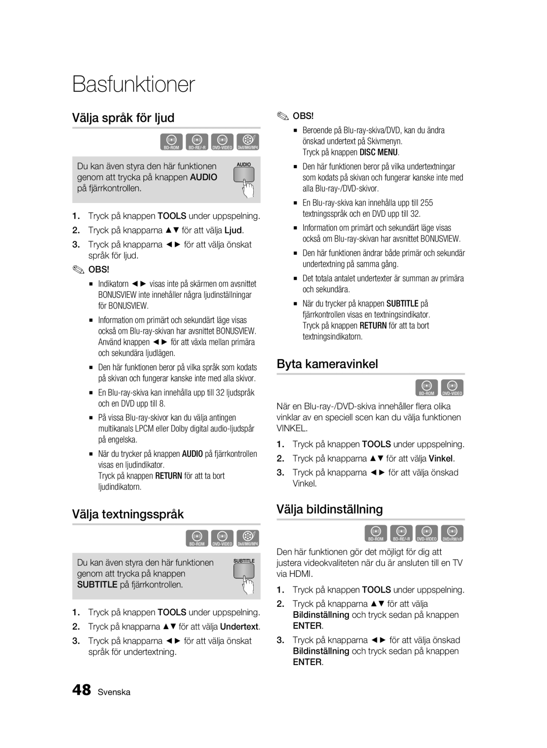 Samsung BD-C6900/XEE manual Välja språk för ljud, Välja textningsspråk, Byta kameravinkel, Välja bildinställning, Vinkel 