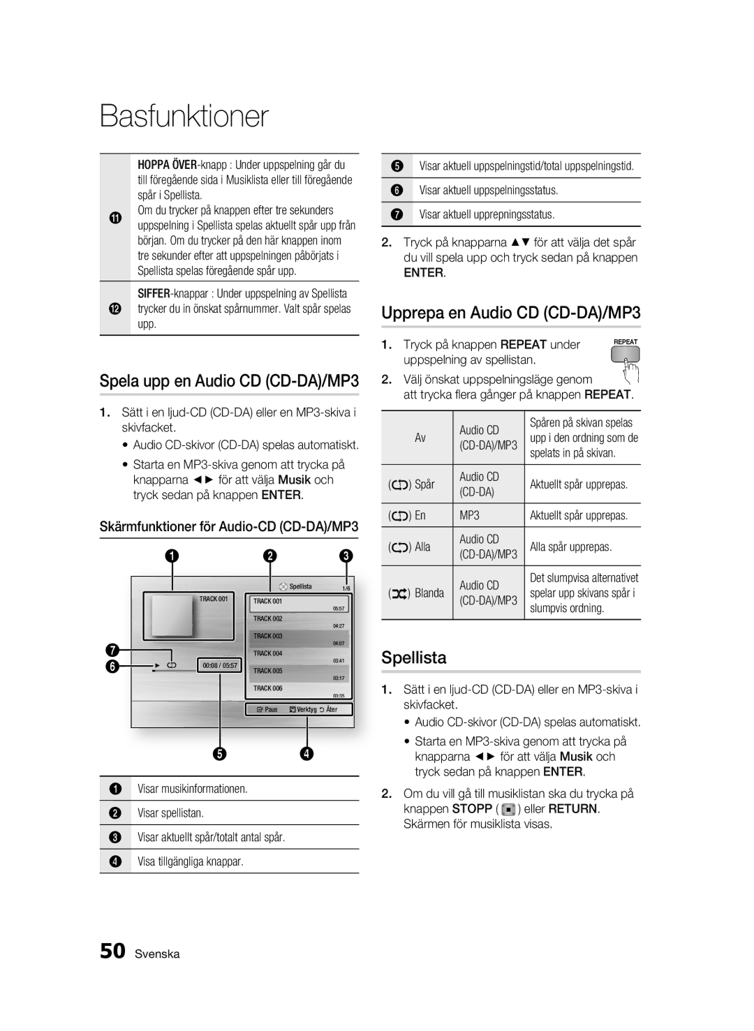 Samsung BD-C6900/XEE manual Upprepa en Audio CD CD-DA/MP3, Spellista, Cd-Da 