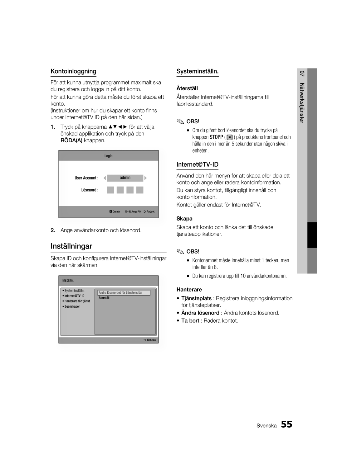 Samsung BD-C6900/XEE manual Inställningar, Kontoinloggning, Systeminställn, Internet@TV-ID 