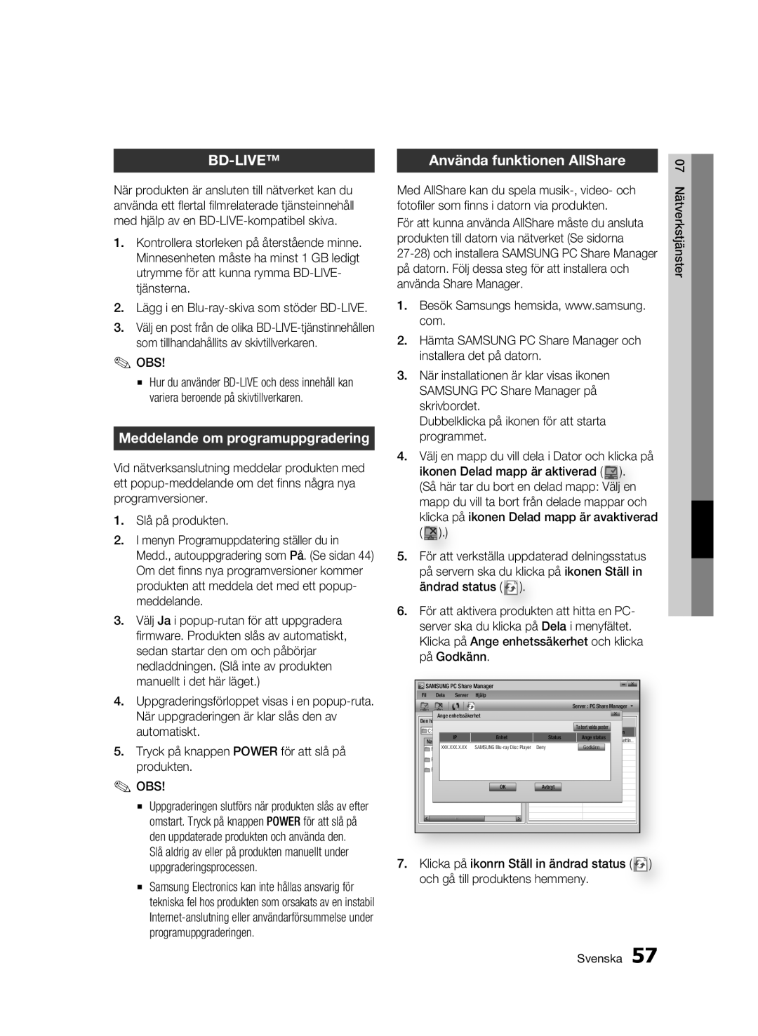 Samsung BD-C6900/XEE manual Meddelande om programuppgradering, Använda funktionen AllShare 