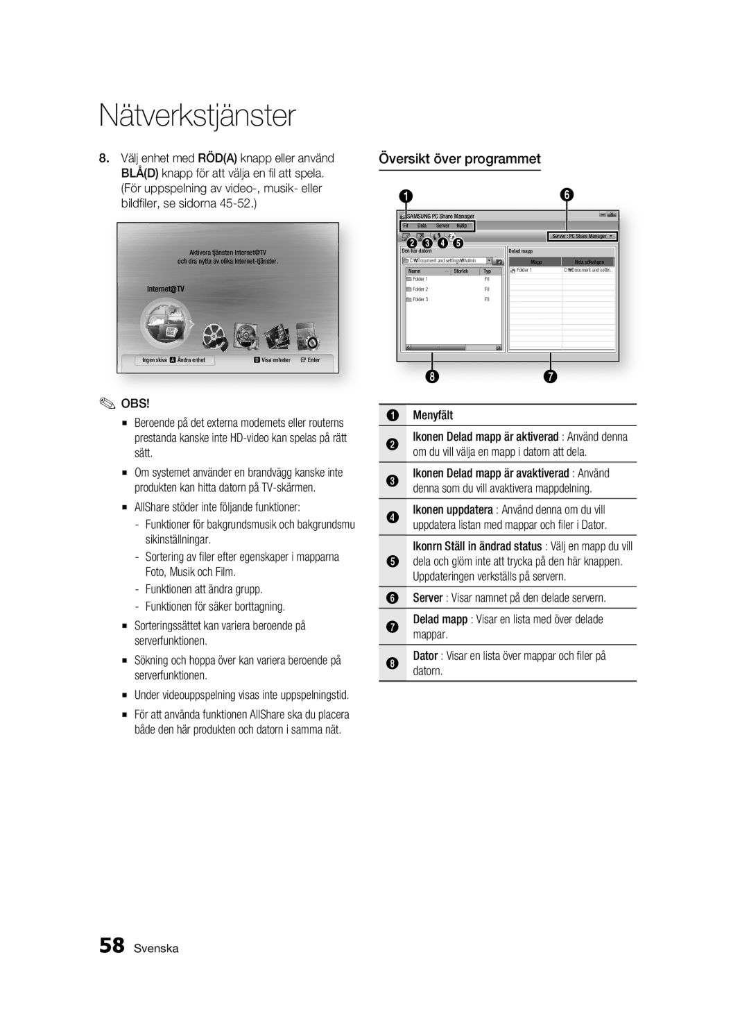 Samsung BD-C6900/XEE manual Översikt över programmet, Menyfält Ikonen Delad mapp är aktiverad Använd denna 