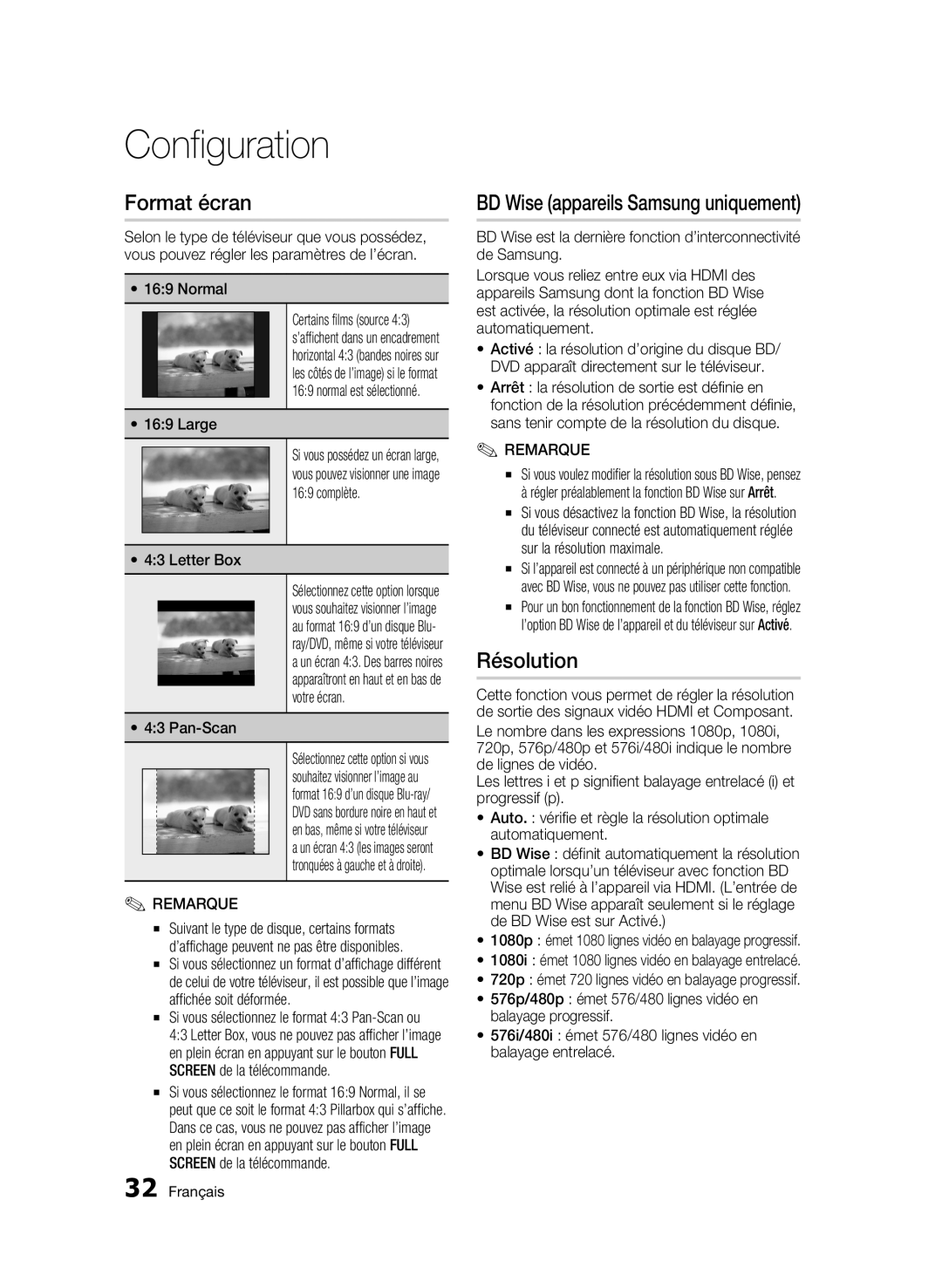 Samsung BD-C6900/MEA, BD-C6900/XEF, BD-C6900/SAM manual Format écran, Résolution, Large 