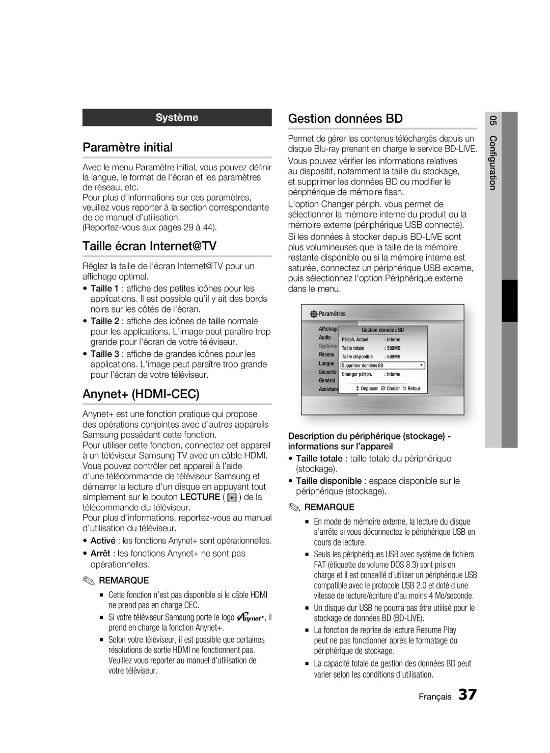 Samsung BD-C6900/XEF manual Paramètre initial, Taille écran Internet@TV, Anynet+ HDMI-CEC, Gestion données BD, Système 