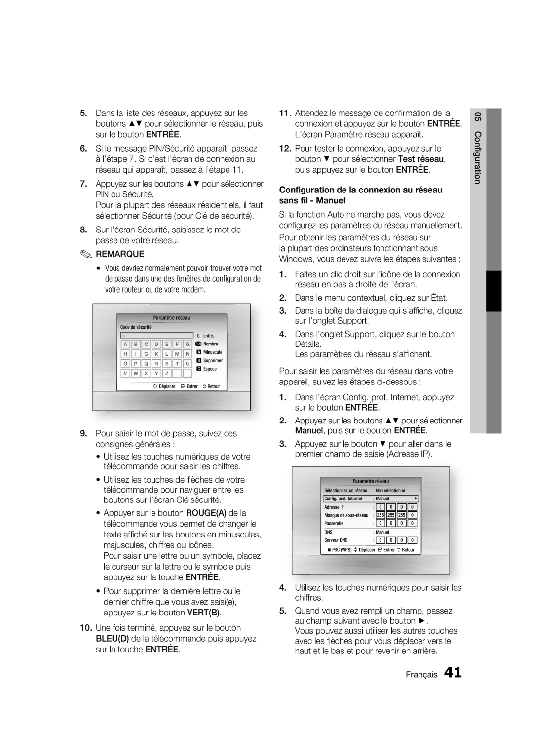 Samsung BD-C6900/MEA, BD-C6900/XEF, BD-C6900/SAM manual Configuration de la connexion au réseau sans fil Manuel 