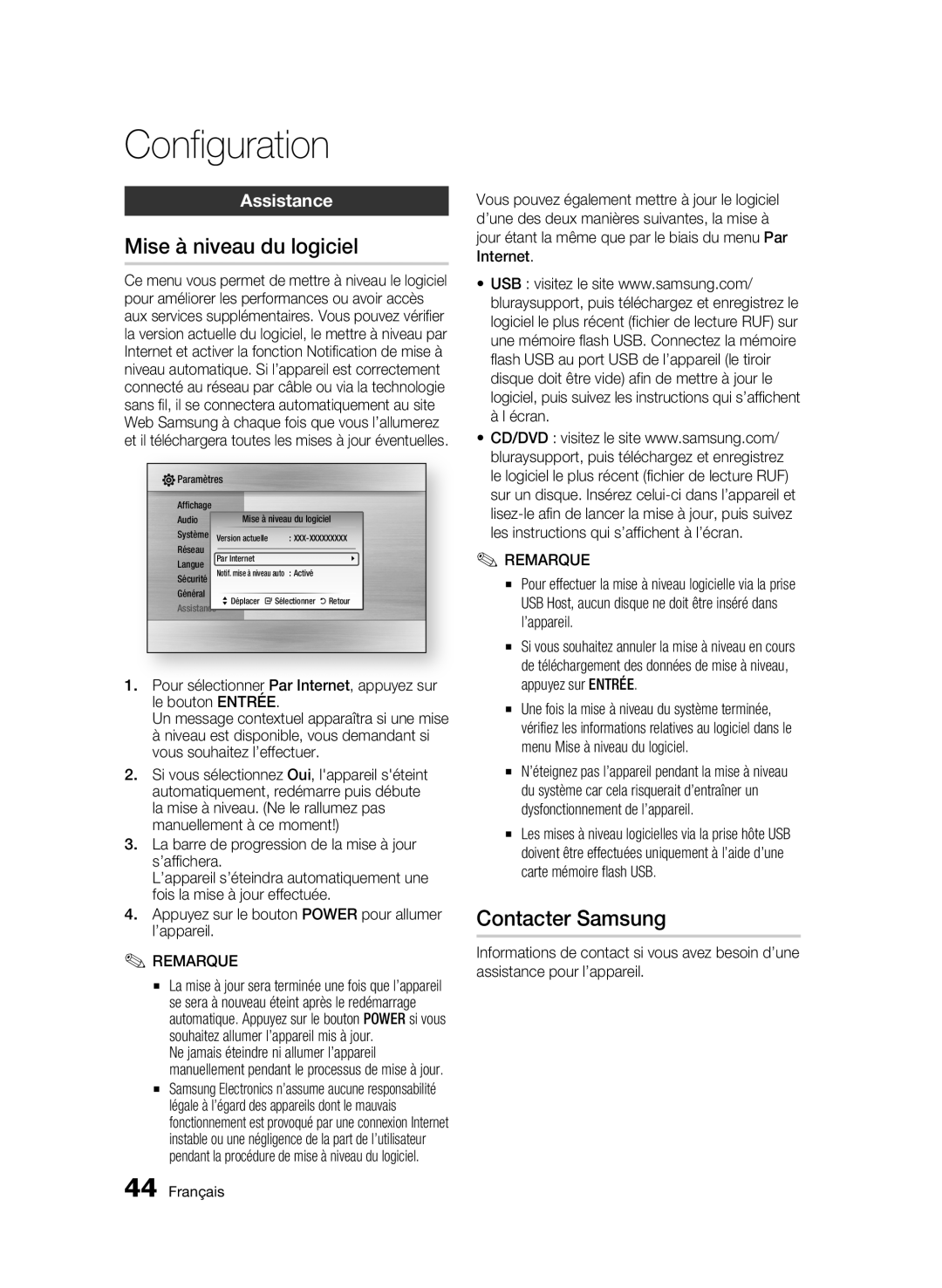 Samsung BD-C6900/MEA, BD-C6900/XEF, BD-C6900/SAM manual Mise à niveau du logiciel, Contacter Samsung, Assistance 