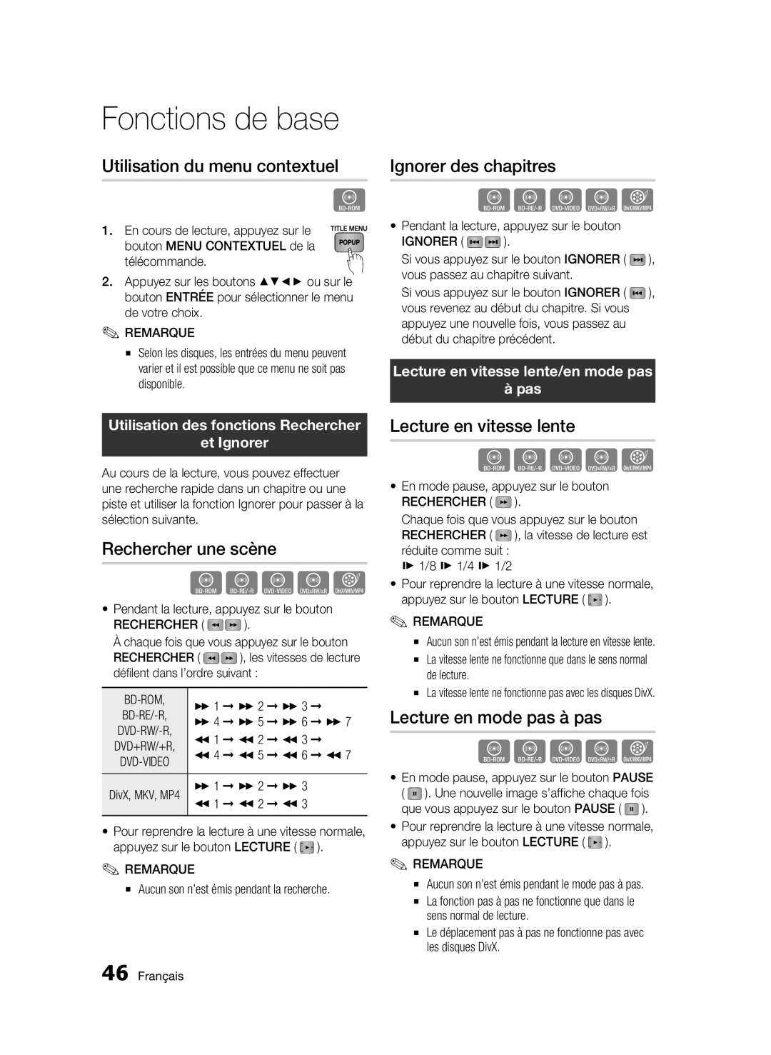 Samsung BD-C6900/XEF Utilisation du menu contextuel, Rechercher une scène, Ignorer des chapitres, Lecture en vitesse lente 