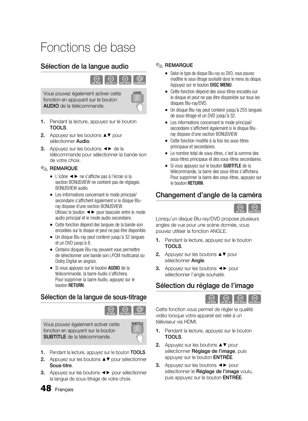 Samsung BD-C6900/SAM manual Sélection de la langue audio, Changement d’angle de la caméra, Sélection du réglage de l’image 