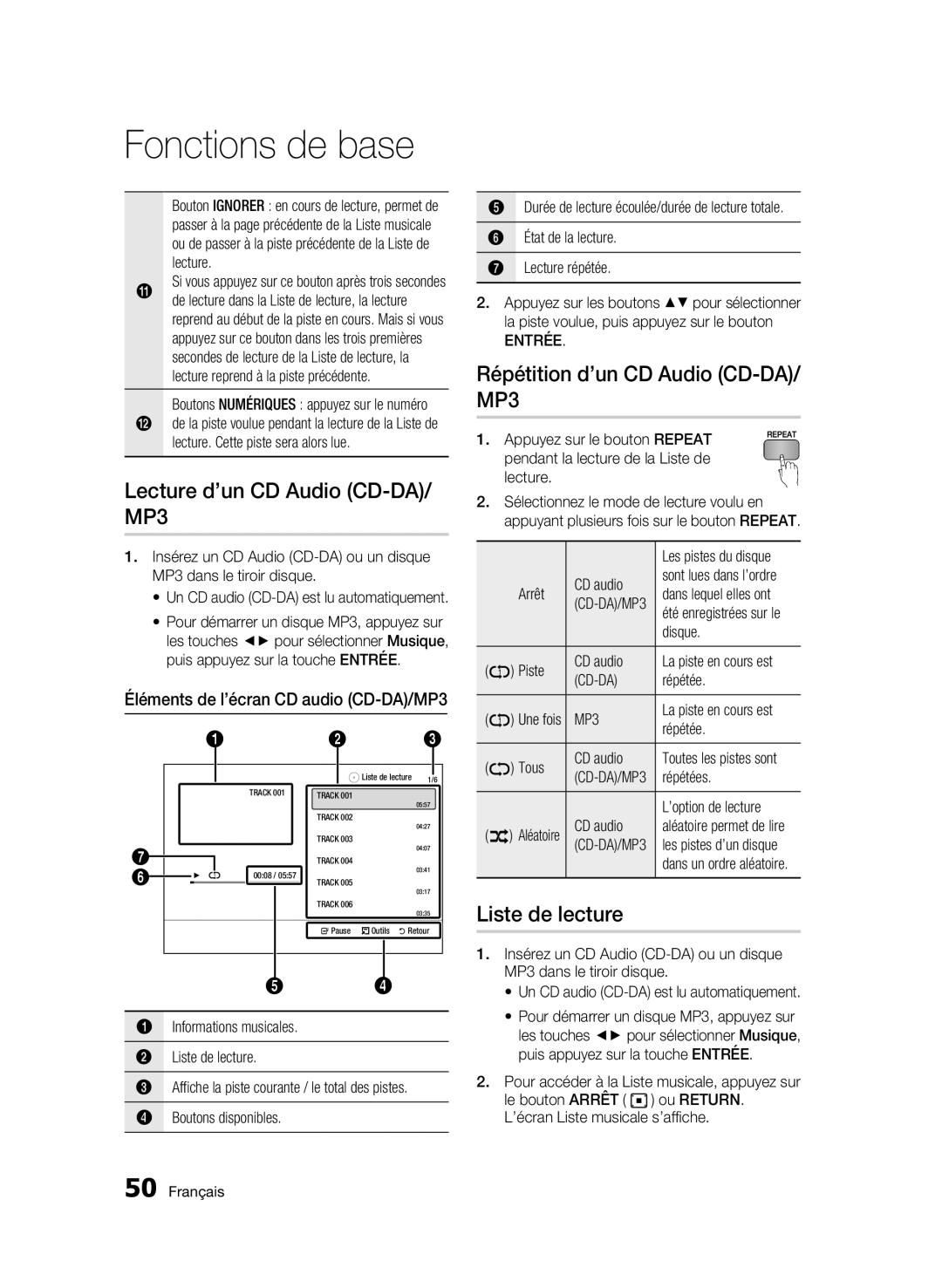 Samsung BD-C6900/MEA, BD-C6900/XEF Lecture d’un CD Audio CD-DA/ MP3, Répétition d’un CD Audio CD-DA/ MP3, Liste de lecture 