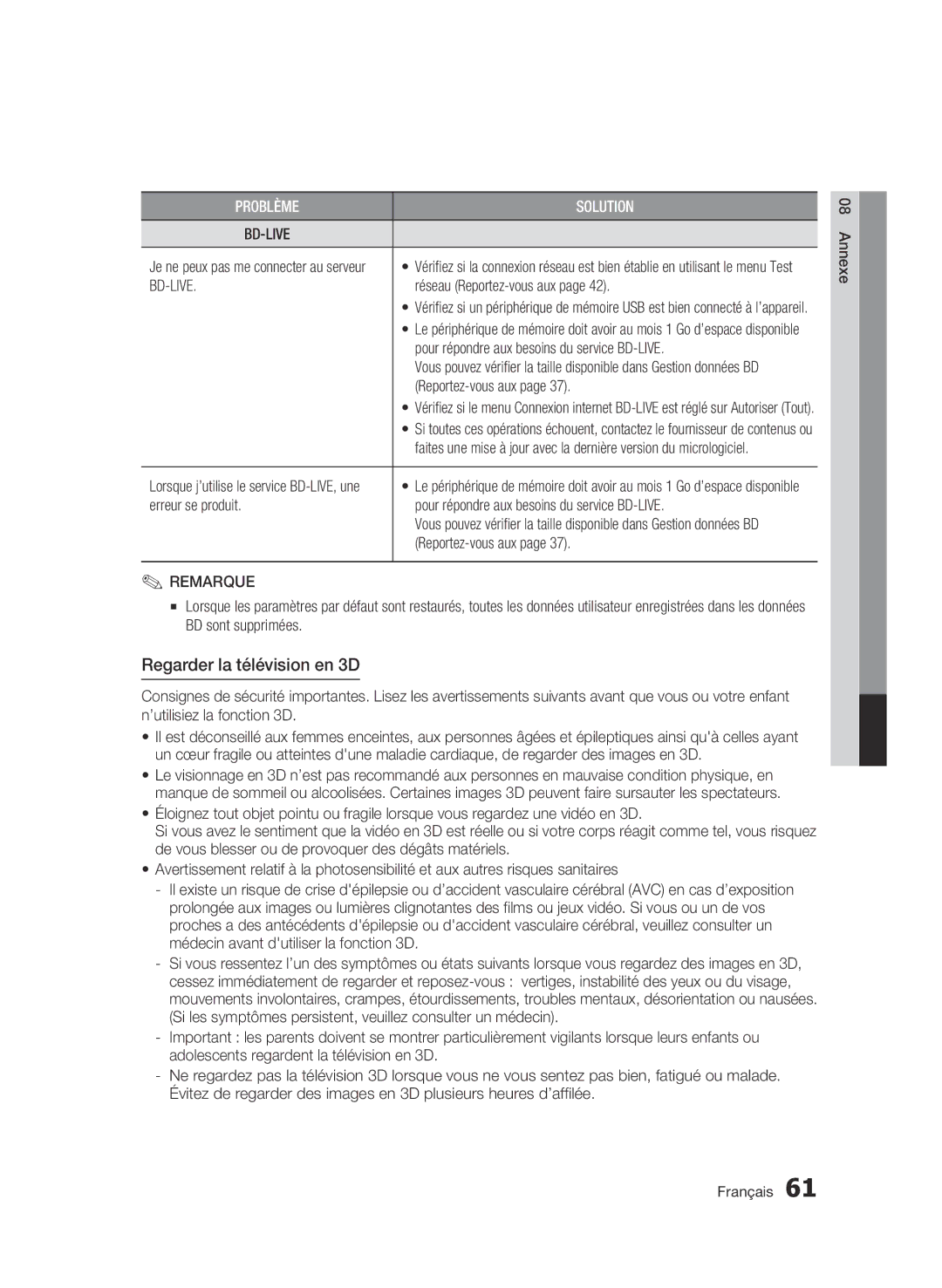 Samsung BD-C6900/XEF, BD-C6900/MEA, BD-C6900/SAM manual Regarder la télévision en 3D, Menu Test, Reportez-vous aux 