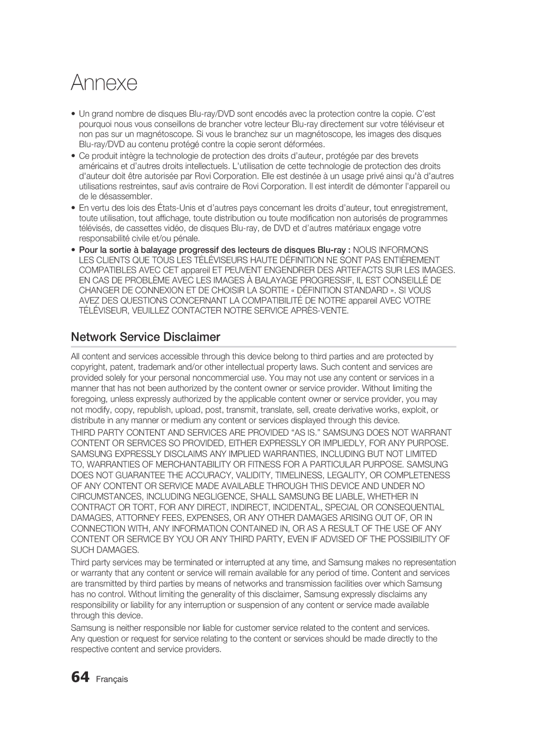 Samsung BD-C6900/XEF, BD-C6900/MEA, BD-C6900/SAM manual Network Service Disclaimer 