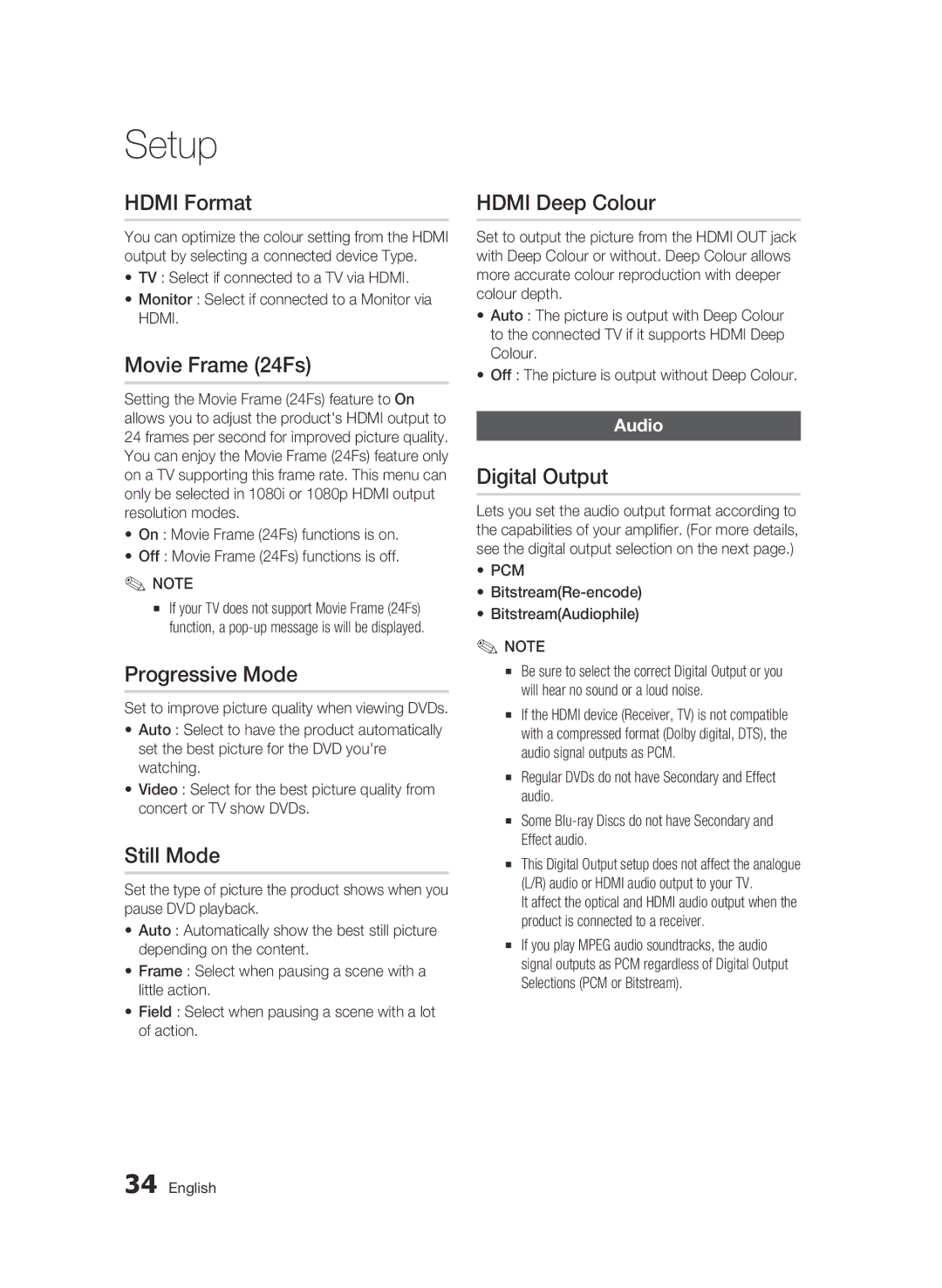 Samsung BD-C6900/MEA manual Hdmi Format, Movie Frame 24Fs, Progressive Mode, Still Mode, Hdmi Deep Colour, Digital Output 