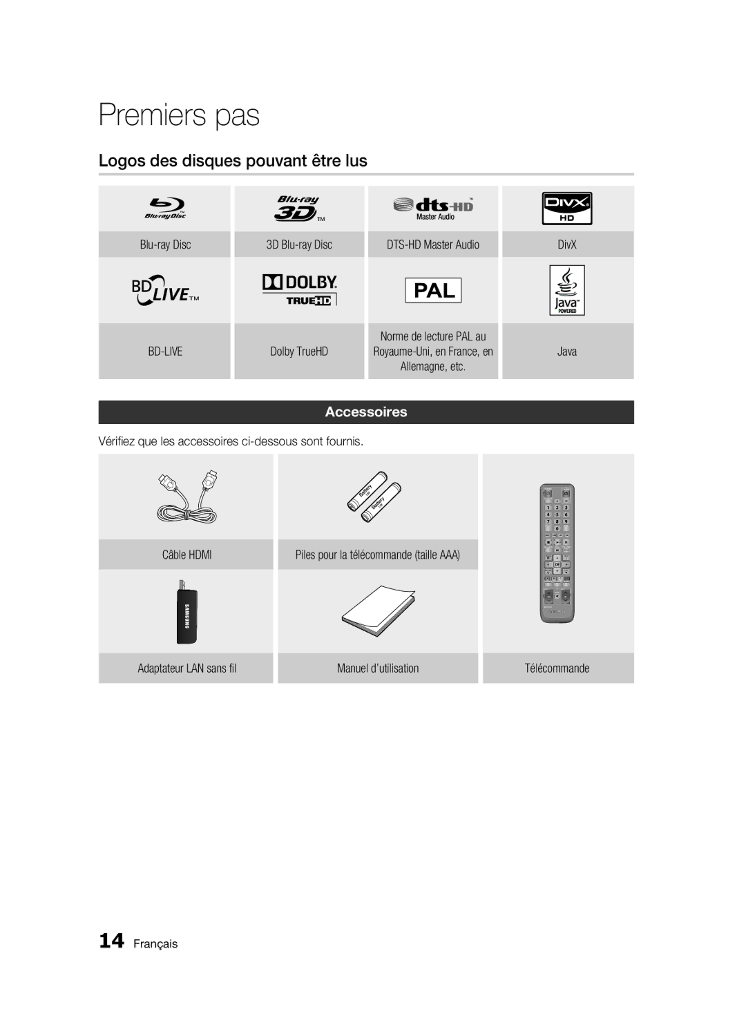 Samsung BD-C6900/MEA, BD-C6900/XEF, BD-C6900/SAM manual Logos des disques pouvant être lus, Accessoires 