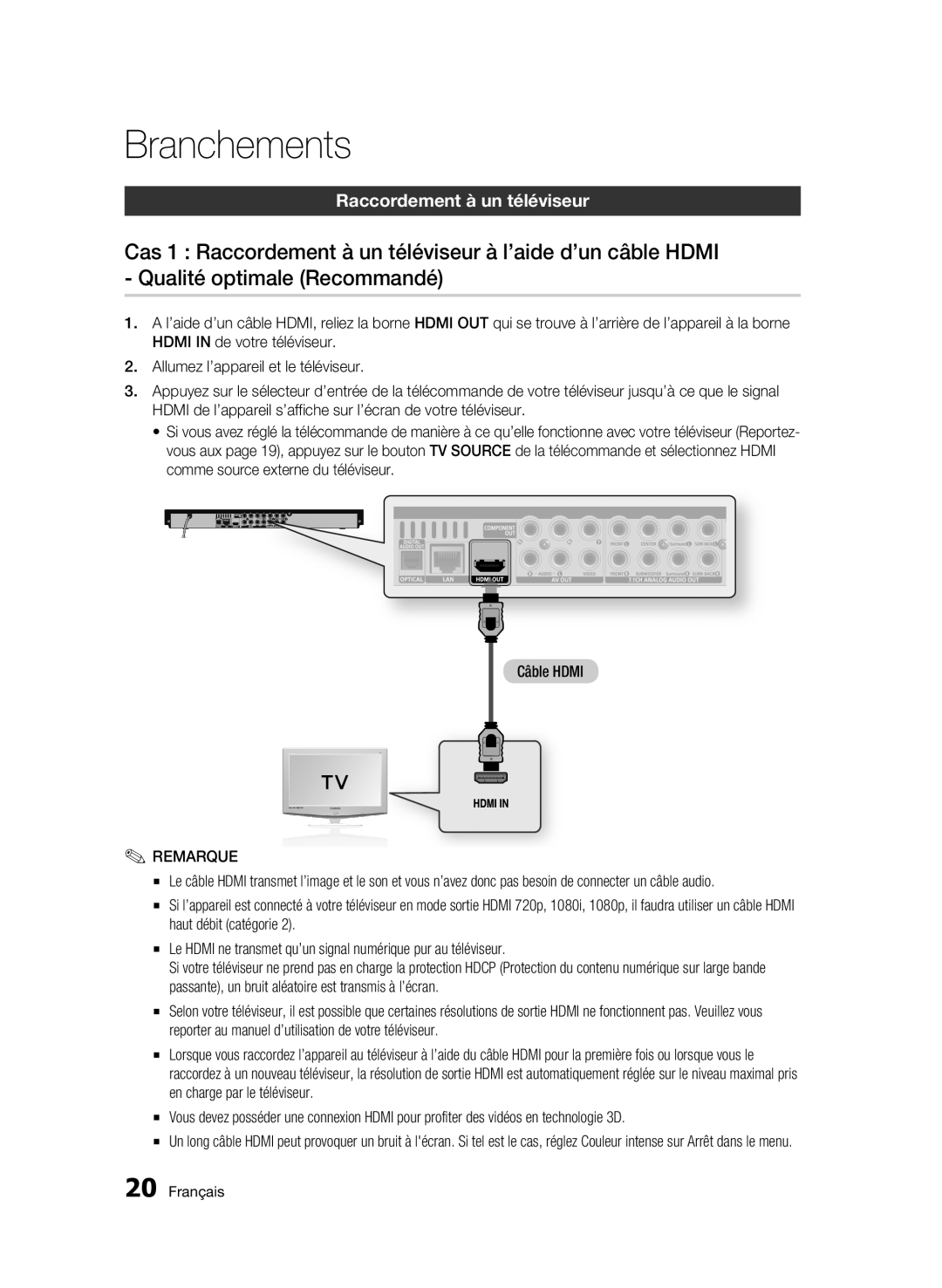 Samsung BD-C6900/MEA, BD-C6900/XEF, BD-C6900/SAM manual Branchements, Raccordement à un téléviseur 