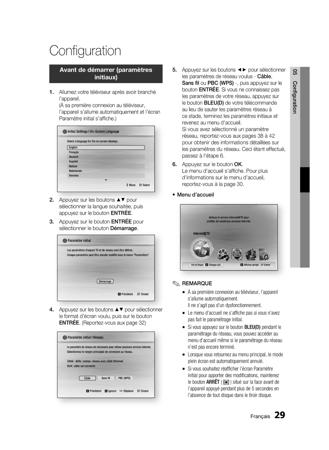 Samsung BD-C6900/MEA manual Configuration, Avant de démarrer paramètres Initiaux, Les paramètres de réseau voulus Câble 