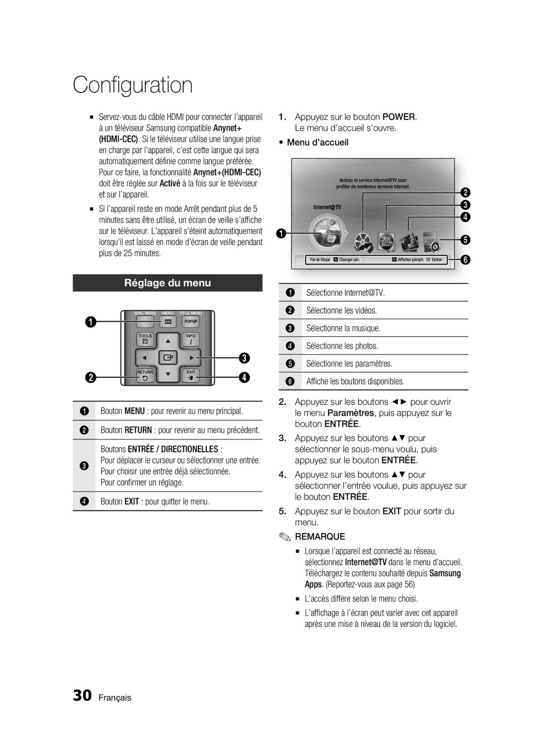 Samsung BD-C6900/SAM, BD-C6900/XEF Réglage du menu, Bouton Exit pour quitter le menu, ’accès diffère selon le menu choisi 