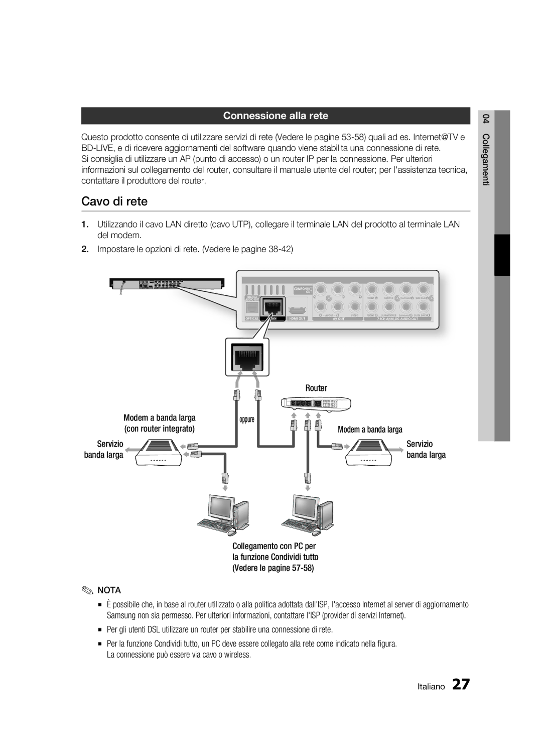 Samsung BD-C6900/MEA, BD-C6900/XEF manual Cavo di rete, Connessione alla rete 