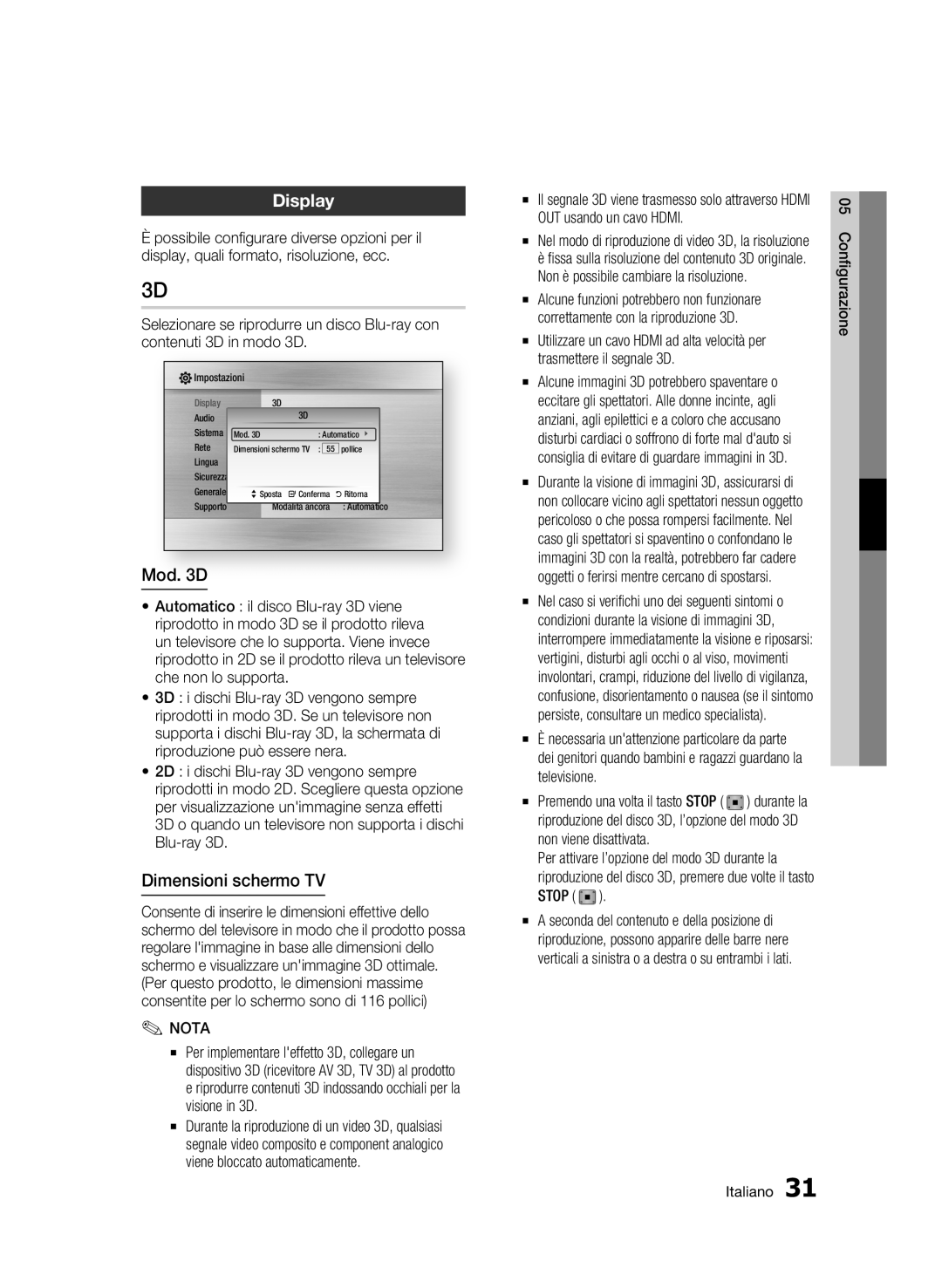 Samsung BD-C6900/MEA, BD-C6900/XEF manual Display, Mod D, Dimensioni schermo TV, Stop 