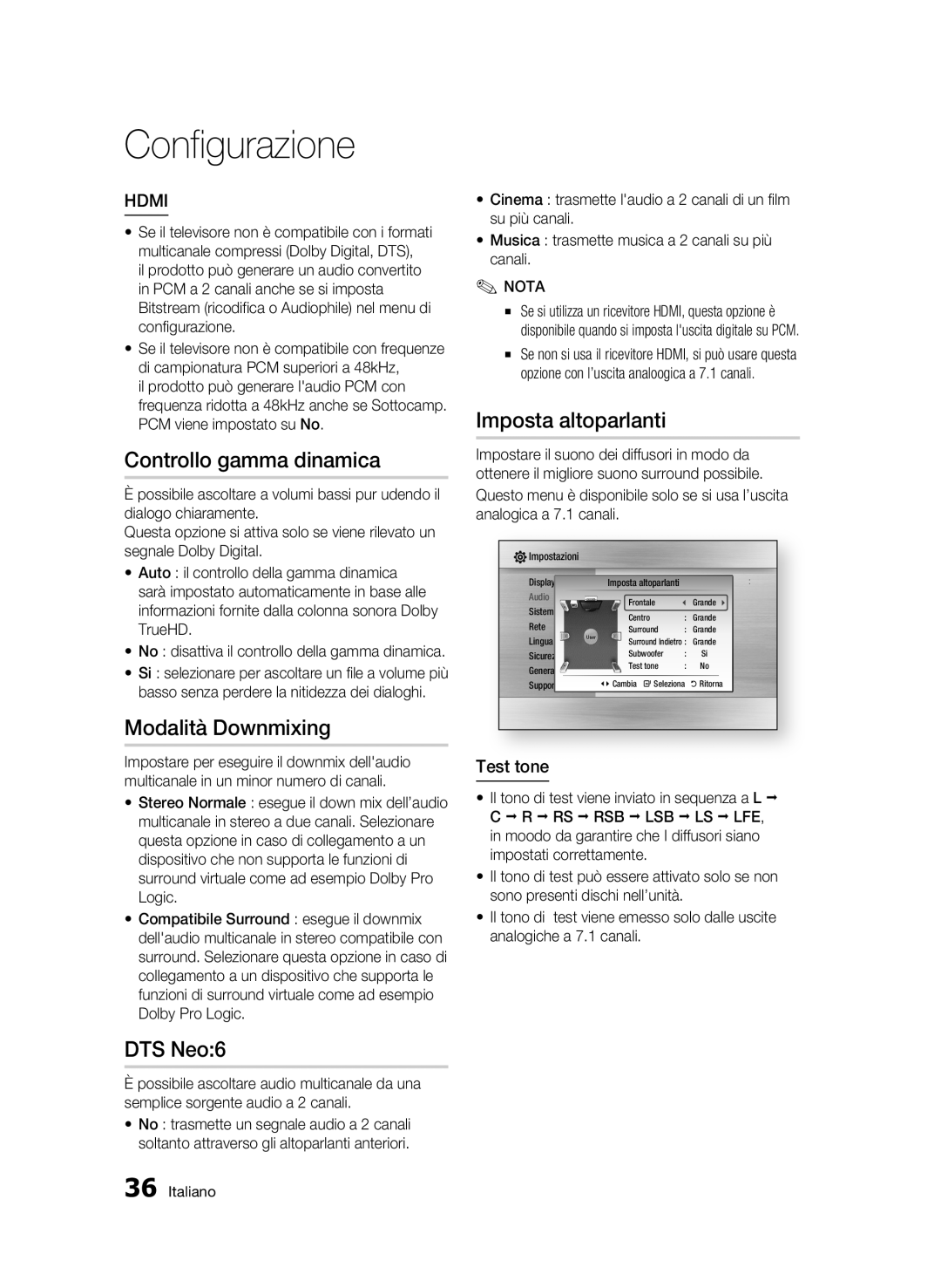 Samsung BD-C6900/XEF manual Controllo gamma dinamica, Modalità Downmixing, DTS Neo6, Imposta altoparlanti, Test tone 