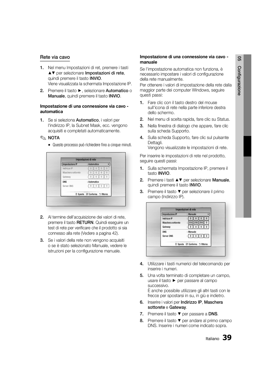 Samsung BD-C6900/MEA, BD-C6900/XEF manual Rete via cavo, Impostazione di una connessione via cavo automatica 