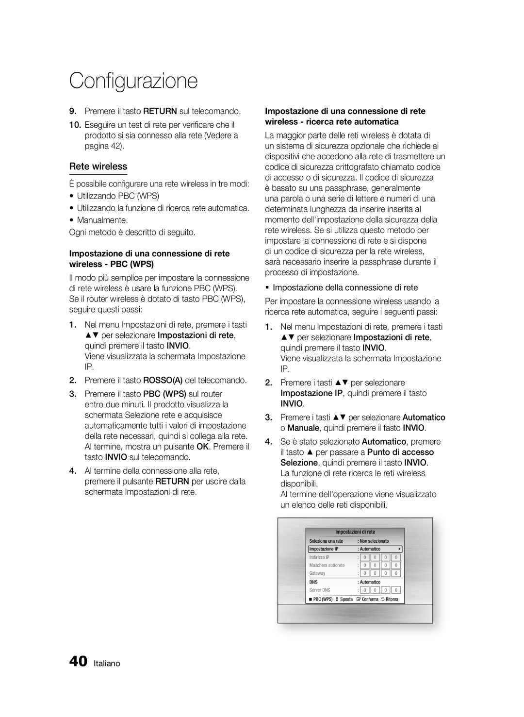 Samsung BD-C6900/XEF, BD-C6900/MEA manual Rete wireless, Utilizzando PBC WPS, Manualmente Ogni metodo è descritto di seguito 