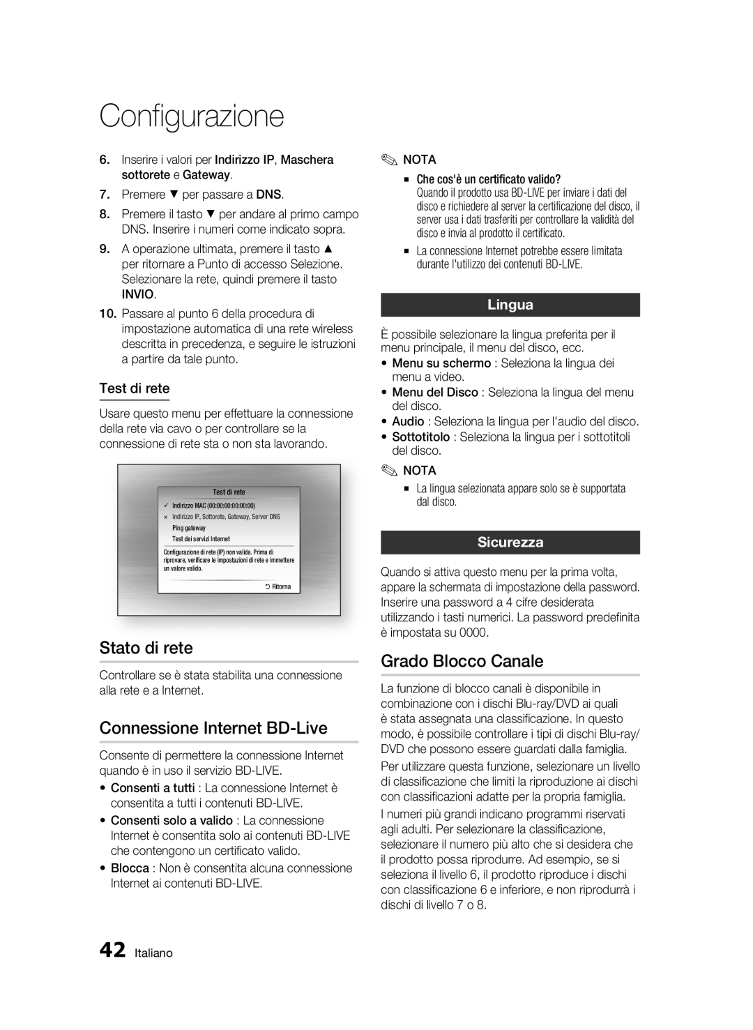 Samsung BD-C6900/XEF, BD-C6900/MEA Stato di rete, Connessione Internet BD-Live, Grado Blocco Canale, Lingua, Sicurezza 