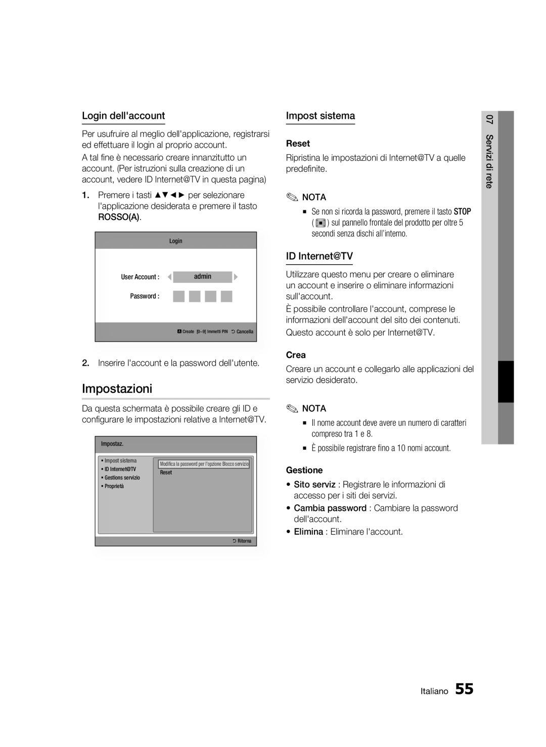 Samsung BD-C6900/MEA, BD-C6900/XEF manual Impostazioni, Login dellaccount, Impost sistema, ID Internet@TV 