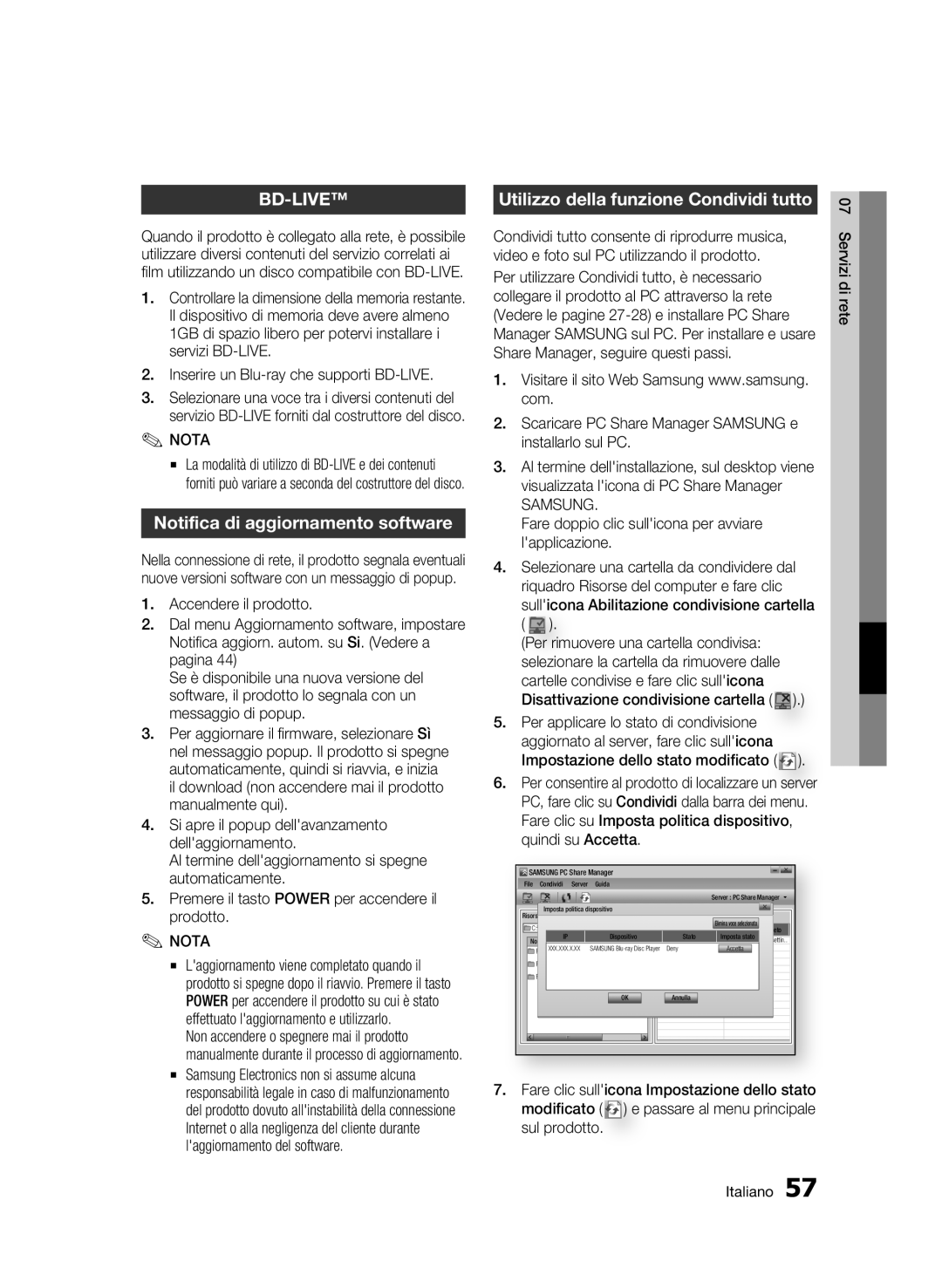 Samsung BD-C6900/MEA Utilizzo della funzione Condividi tutto, Scaricare PC Share Manager Samsung e installarlo sul PC 