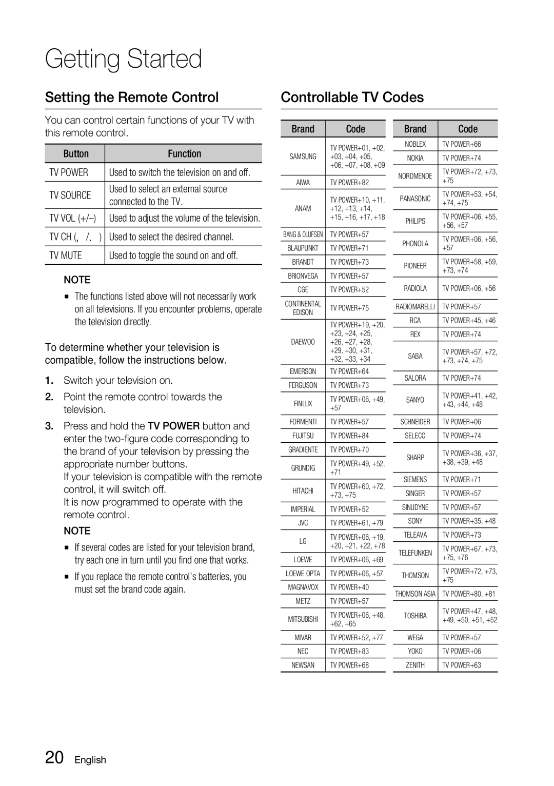 Samsung BD-C7500 user manual Setting the Remote Control, Controllable Tv Codes, Connected to the TV, Tv Ch 