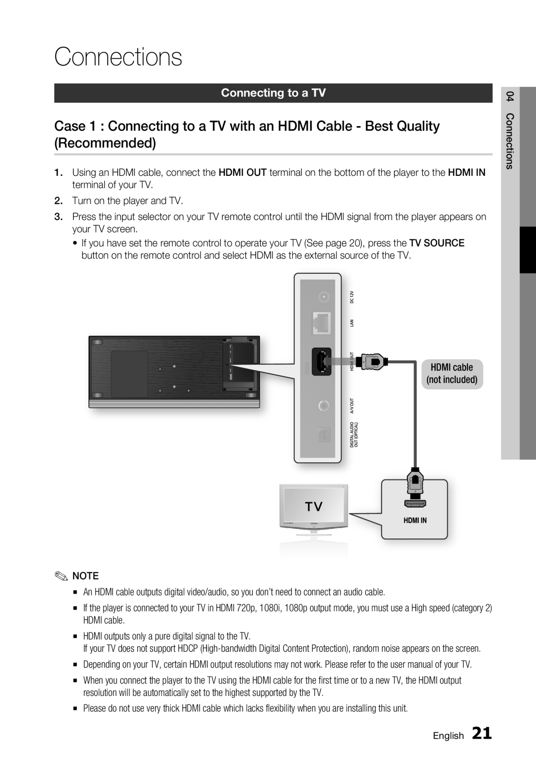 Samsung BD-C7500 user manual Connections, Connecting to a TV, Hdmi cable Not included 