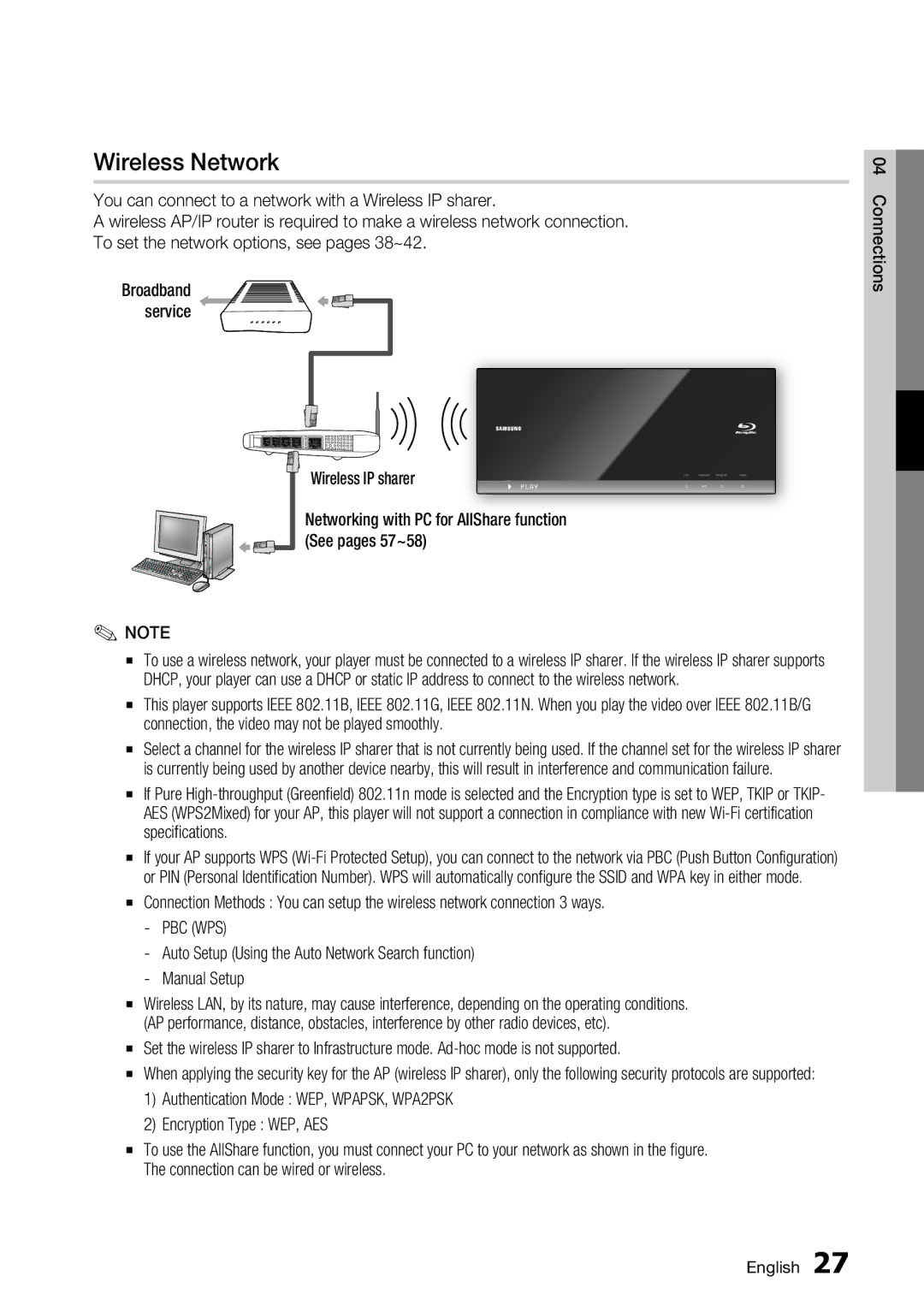 Samsung BD-C7500 user manual Wireless Network, Encryption Type WEP, AES 