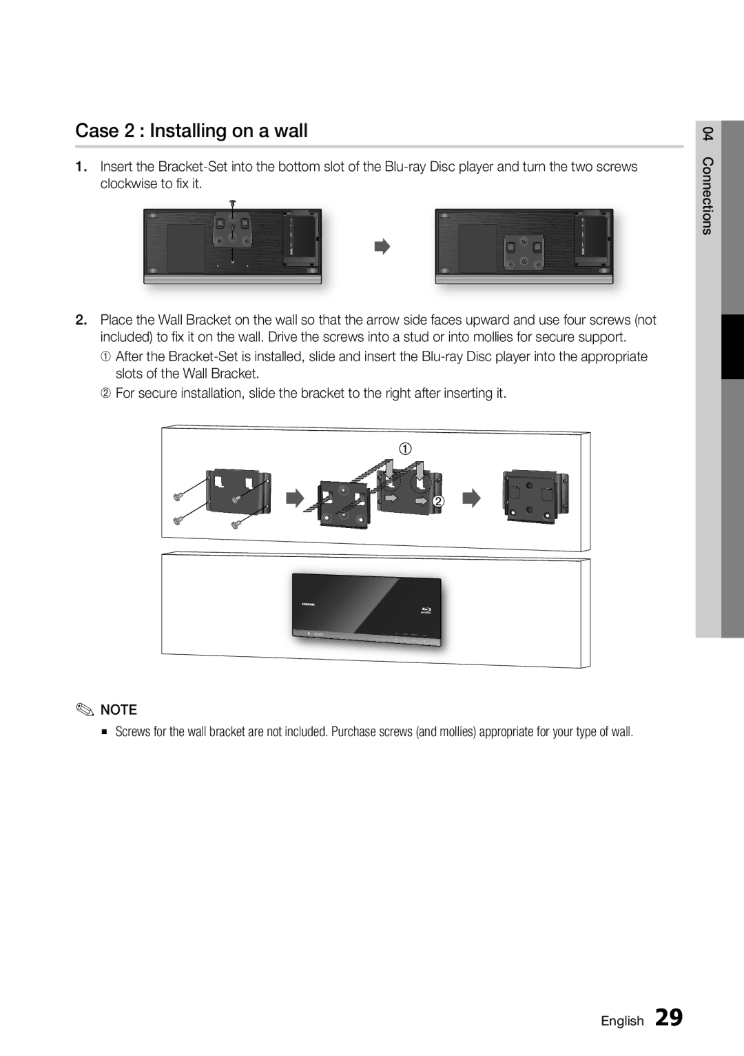 Samsung BD-C7500 user manual Case 2 Installing on a wall 