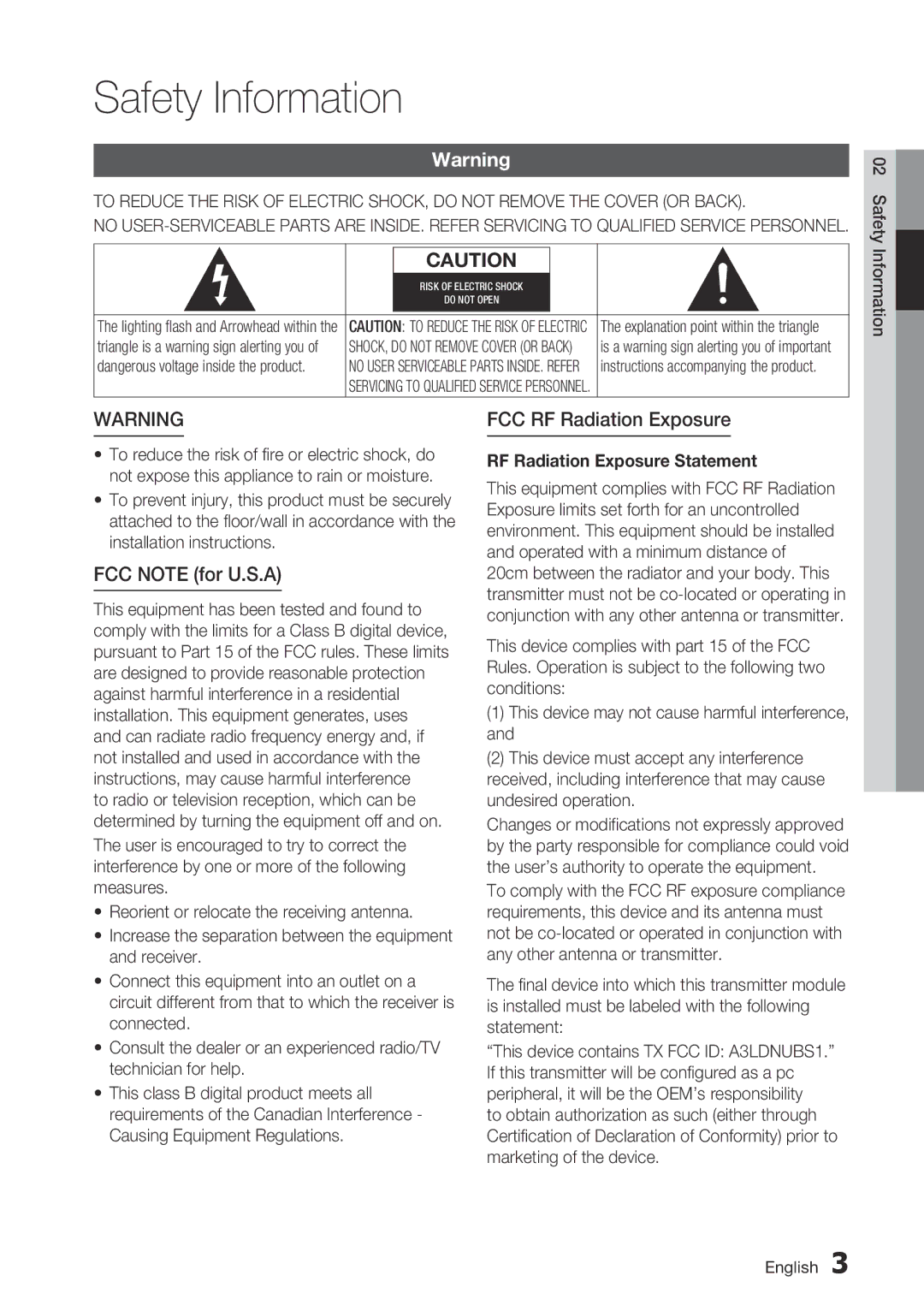 Samsung BD-C7500 user manual Safety Information, FCC RF Radiation Exposure, FCC Note for U.S.A 