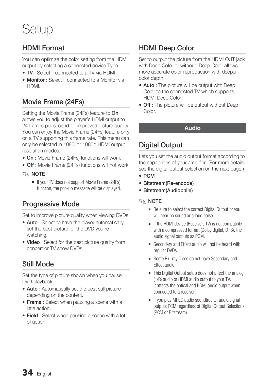 Samsung BD-C7500 user manual Hdmi Format, Movie Frame 24Fs, Progressive Mode, Still Mode, Hdmi Deep Color, Digital Output 