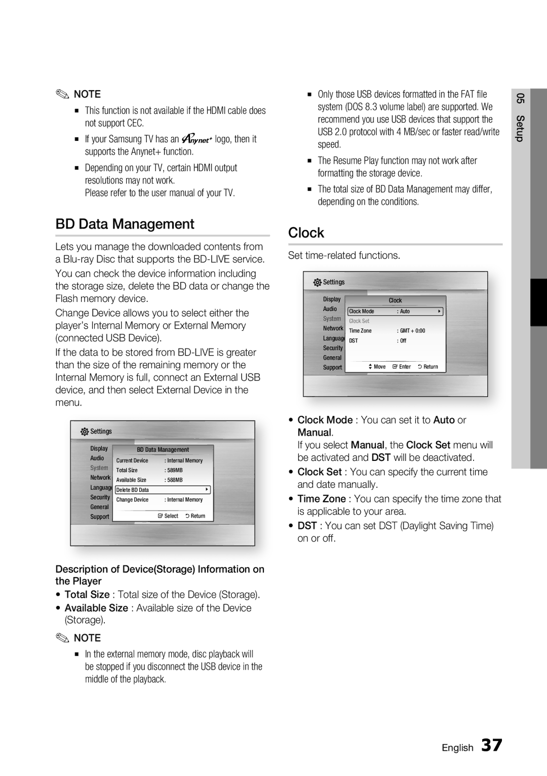 Samsung BD-C7500 BD Data Management, Set time-related functions, Clock Mode You can set it to Auto or Manual 