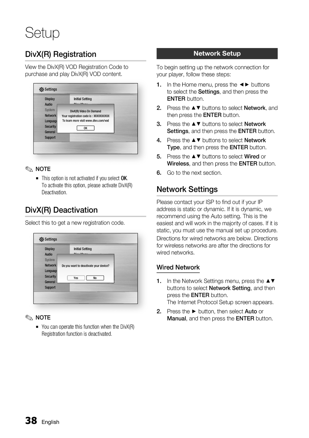 Samsung BD-C7500 user manual DivXR Registration, DivXR Deactivation, Network Settings, Network Setup, Wired Network 