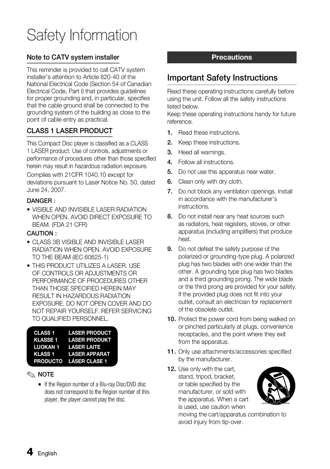 Samsung BD-C7500 user manual Important Safety Instructions, Class 1 Laser product, Precautions 