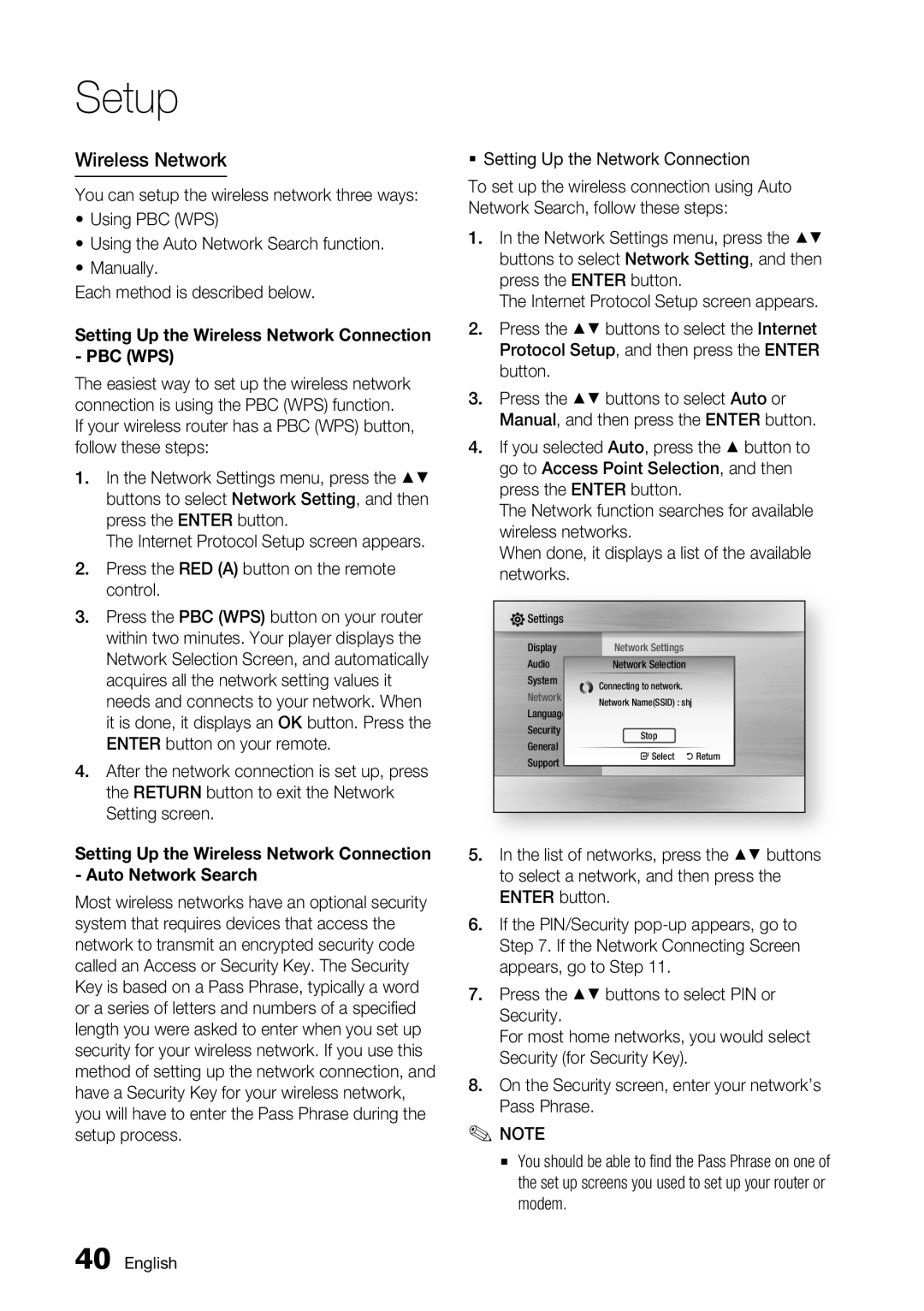 Samsung BD-C7500 user manual Wireless Network,  Setting Up the Network Connection 